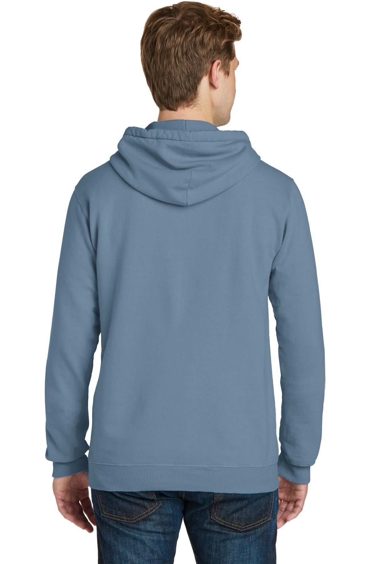 Denim Blue Port & Co Beach Wash Garment-Dyed Pullover Hooded Sweatshirt. PC098H