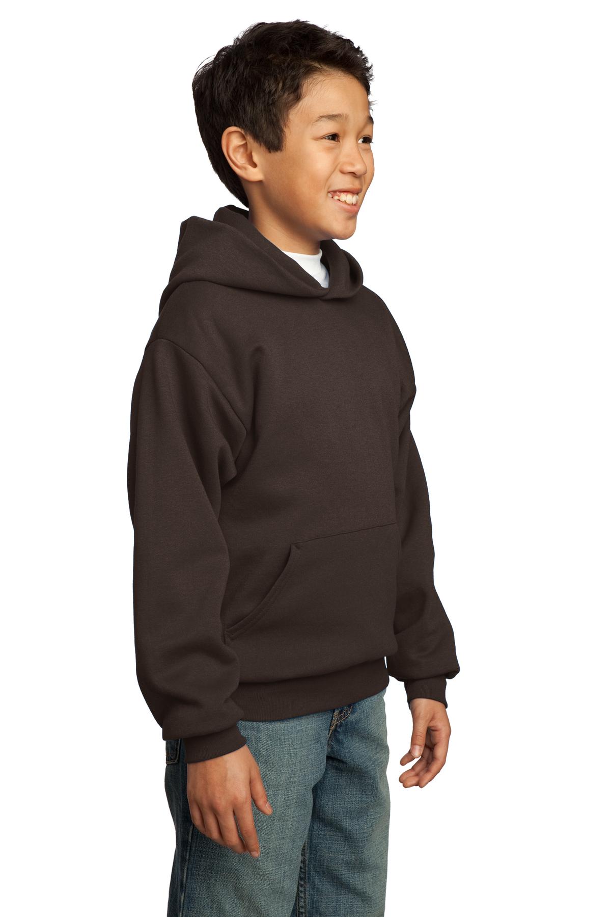 Dk Choc Brown Port & Co Youth Core Fleece Pullover Hooded Sweatshirt. PC90YH