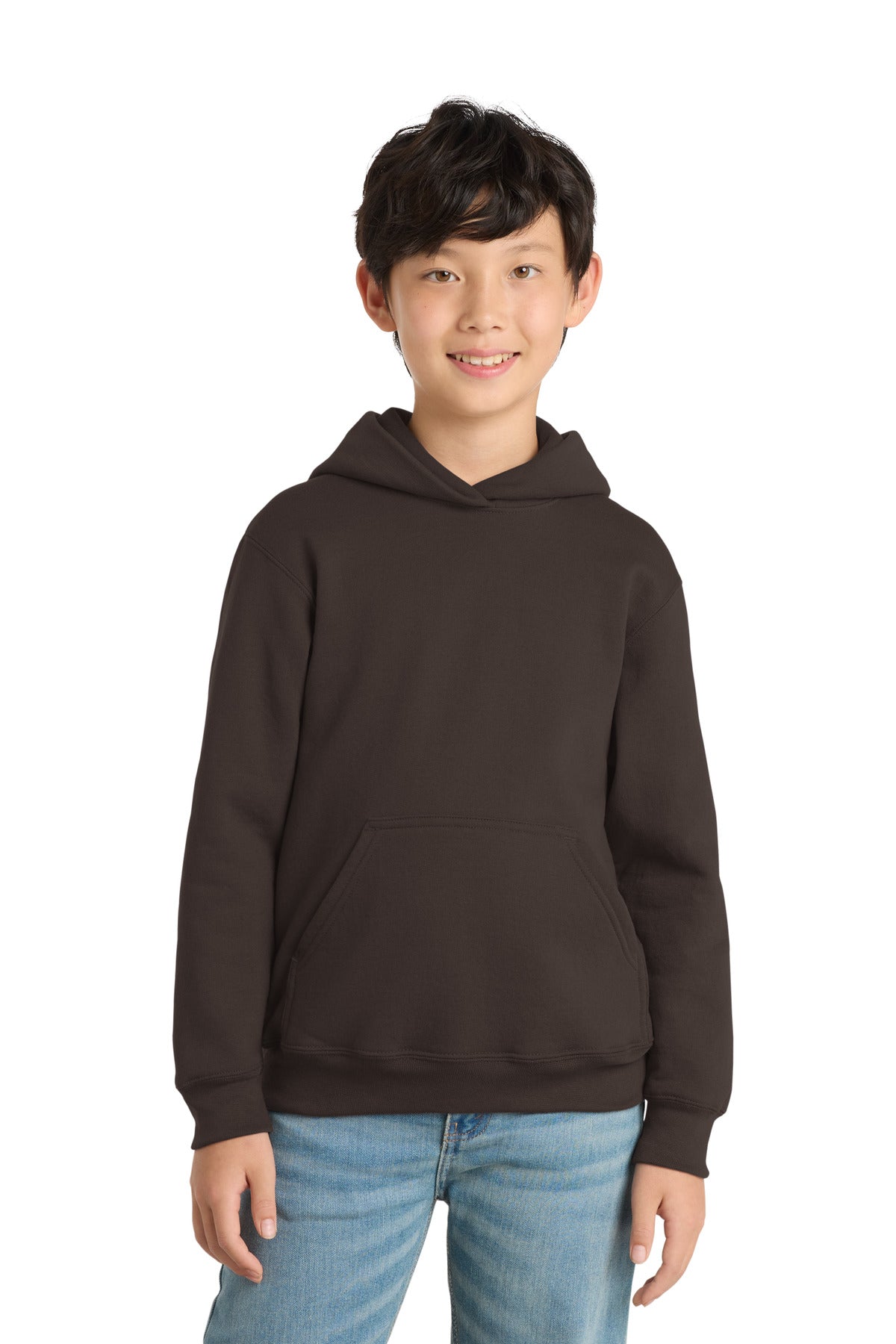 Dk Choc Brown Port & Co Youth Core Fleece Pullover Hooded Sweatshirt. PC90YH