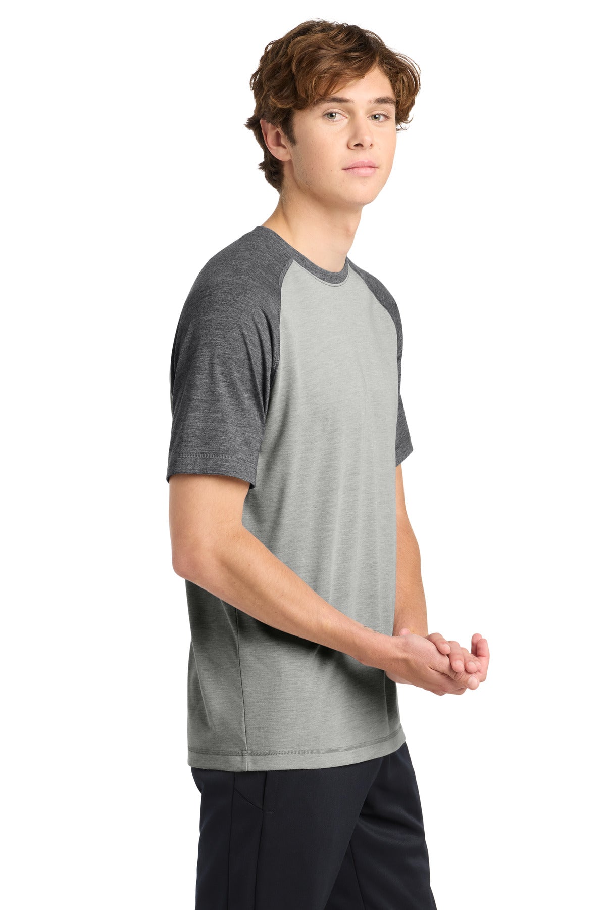 Dk Gry He/LGH Sport-Tek PosiCharge Tri-Blend Wicking Raglan Tee. ST400
