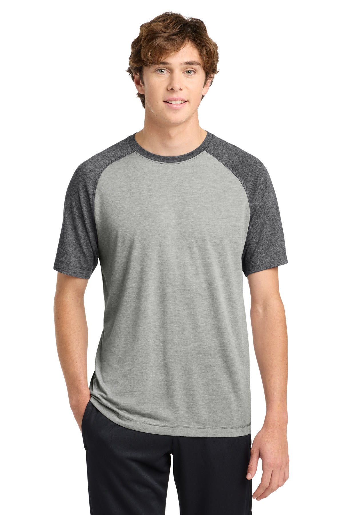 Dk Gry He/LGH Sport-Tek PosiCharge Tri-Blend Wicking Raglan Tee. ST400