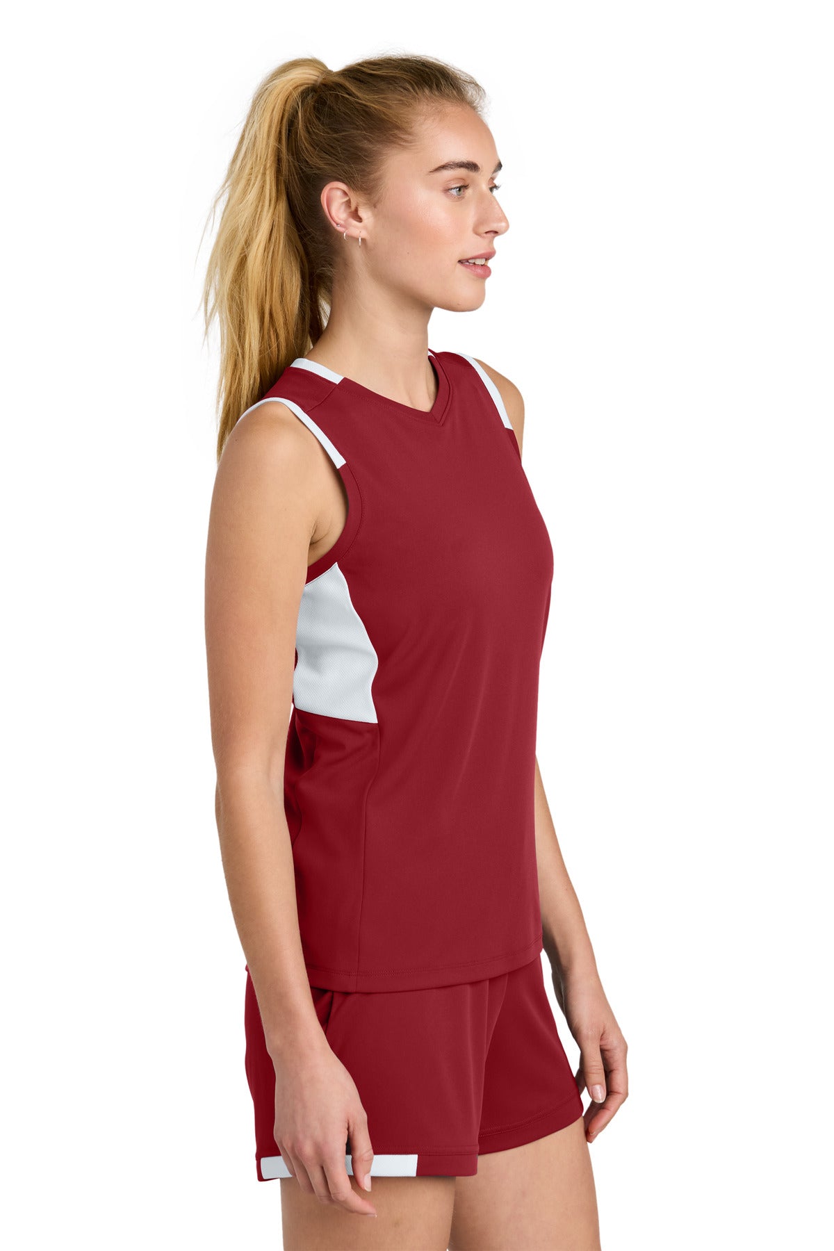 DpRd/Wht Sport-Tek Women's Club Sleeveless V-Neck LST441