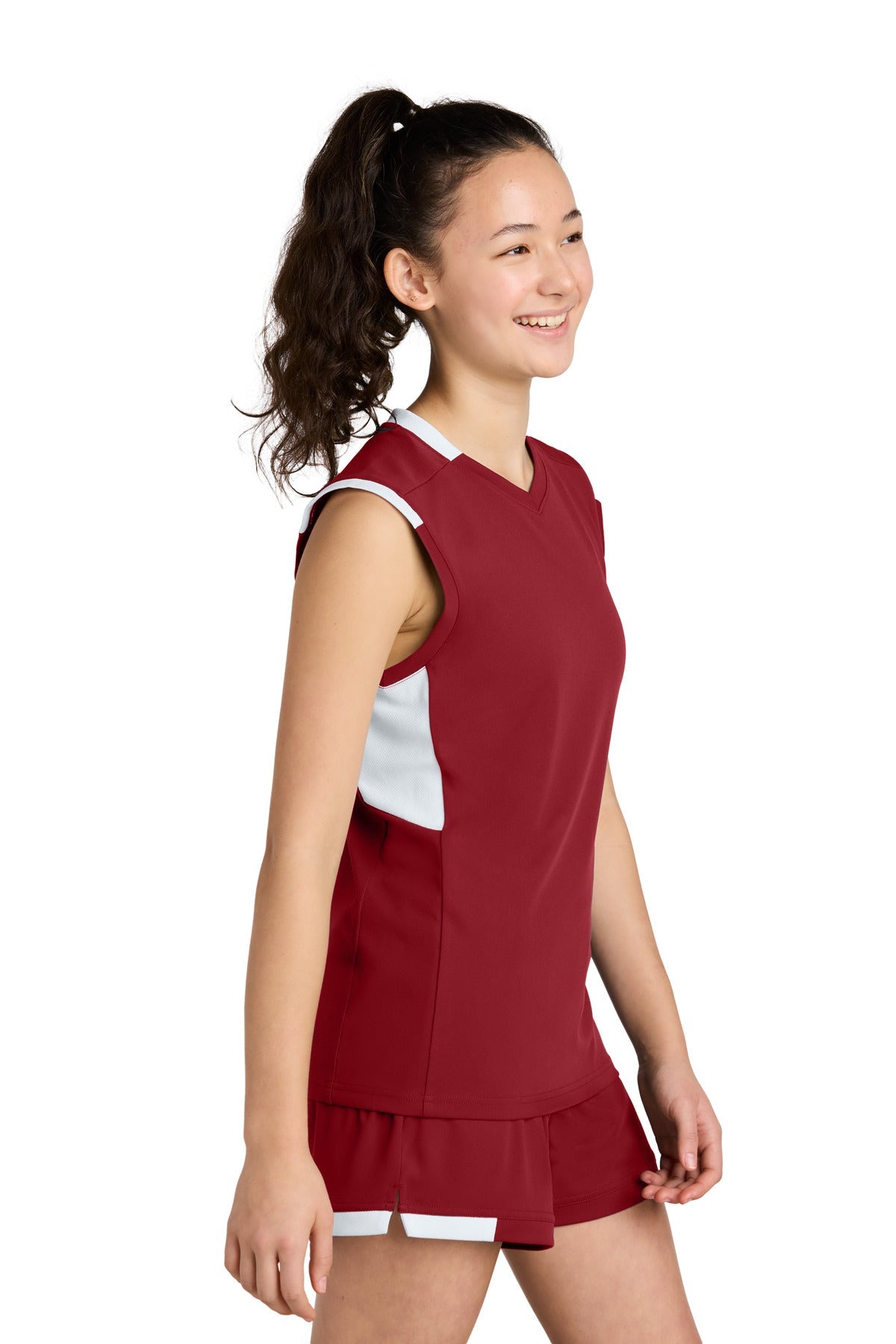 DpRd/Wht Sport-Tek Youth Club Sleeveless V-Neck YST441