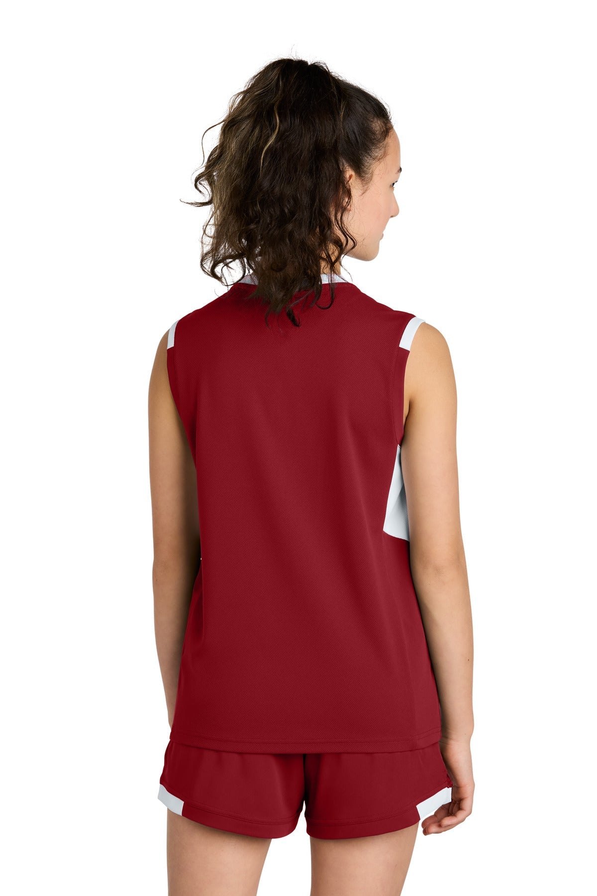 DpRd/Wht Sport-Tek Youth Club Sleeveless V-Neck YST441