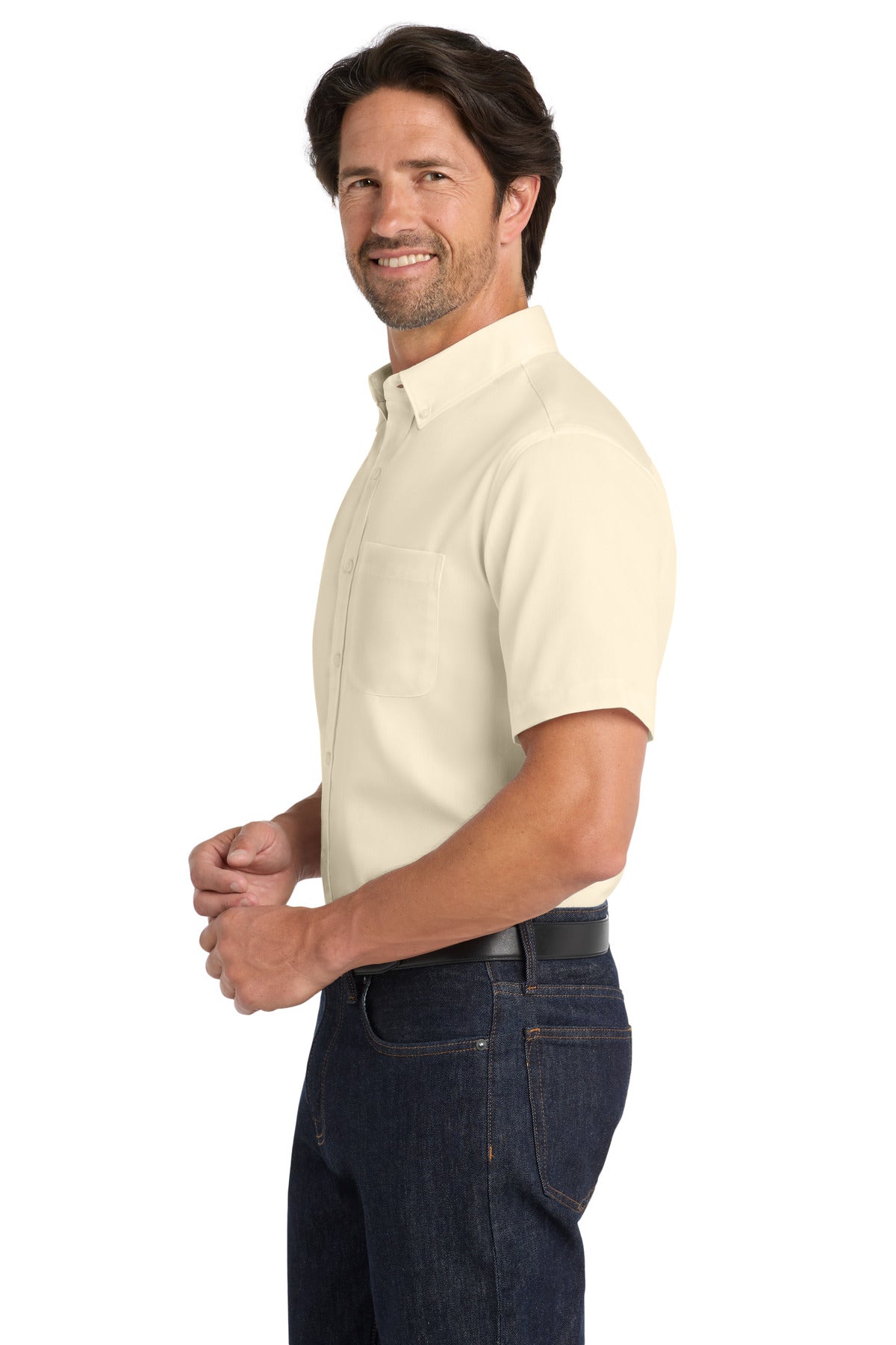 Ecru Port Authority Short Sleeve SuperPro React Twill Shirt. W809