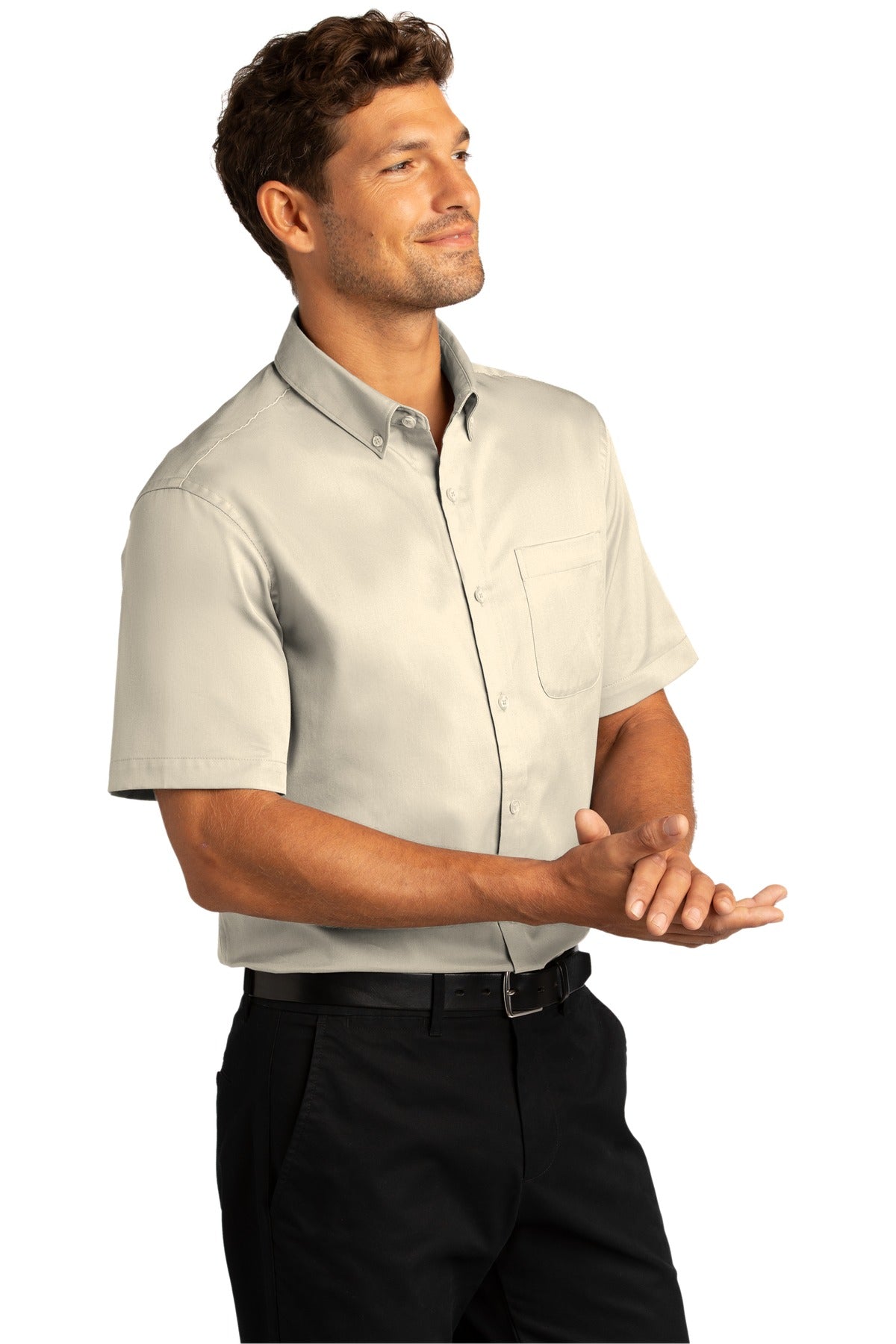 Ecru Port Authority Short Sleeve SuperPro React Twill Shirt. W809