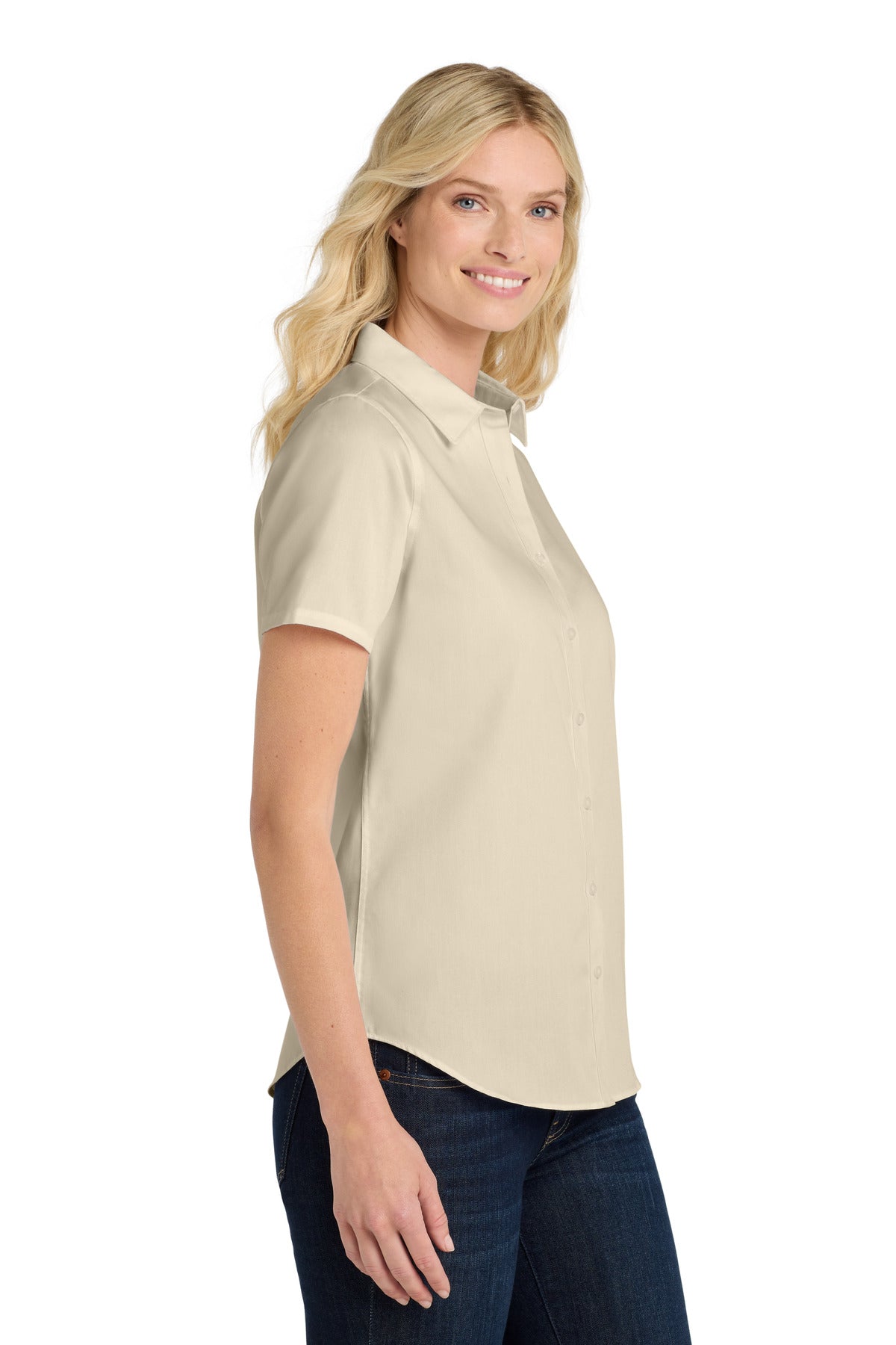 Ecru Port Authority Women's Short Sleeve SuperPro React Twill Shirt. LW809