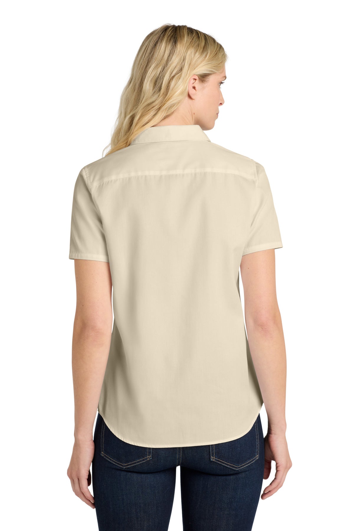 Ecru Port Authority Women's Short Sleeve SuperPro React Twill Shirt. LW809