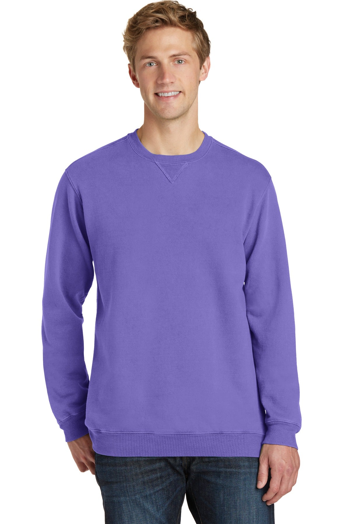 Front View of Amethyst Port & Co Beach Wash Garment-Dyed Crewneck Sweatshirt PC098