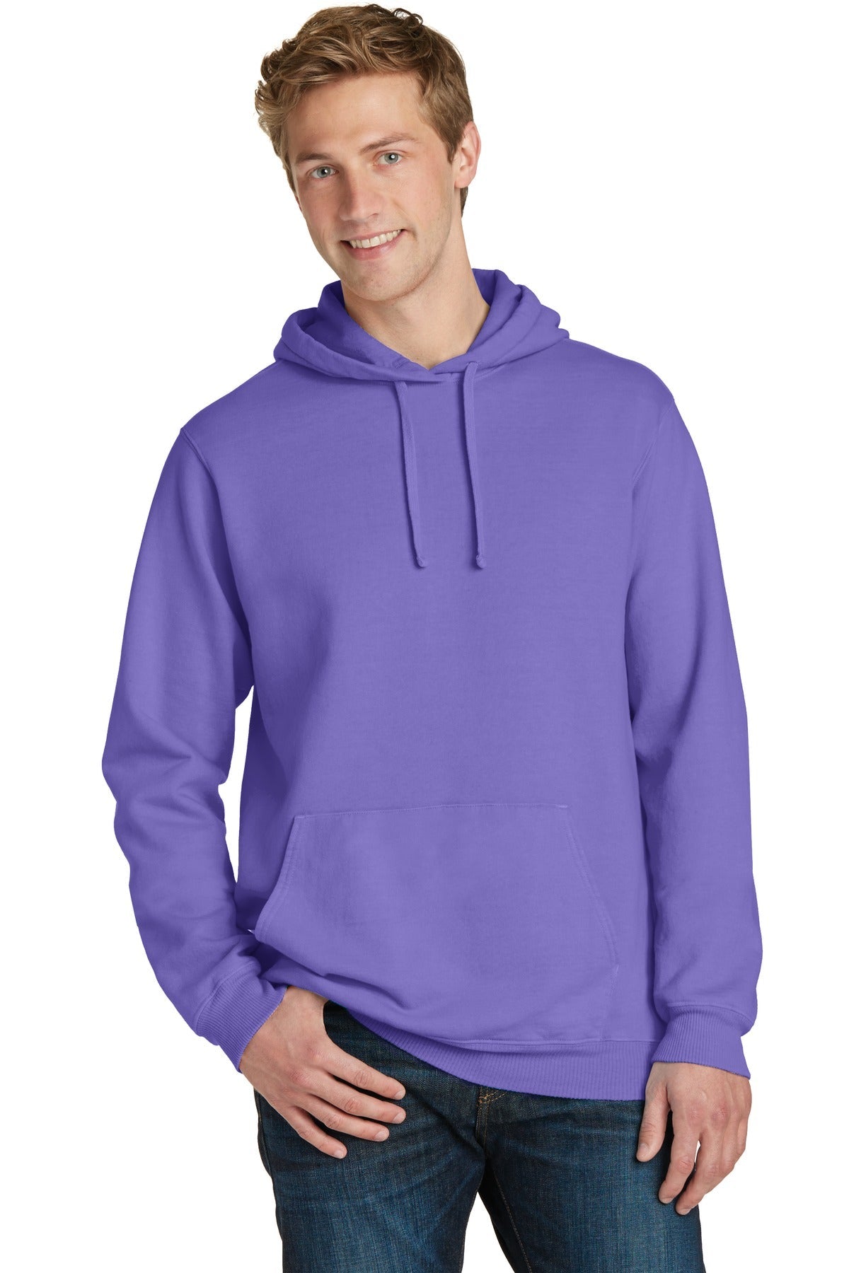 Front View of Amethyst Port & Co Beach Wash Garment-Dyed Pullover Hooded Sweatshirt. PC098H