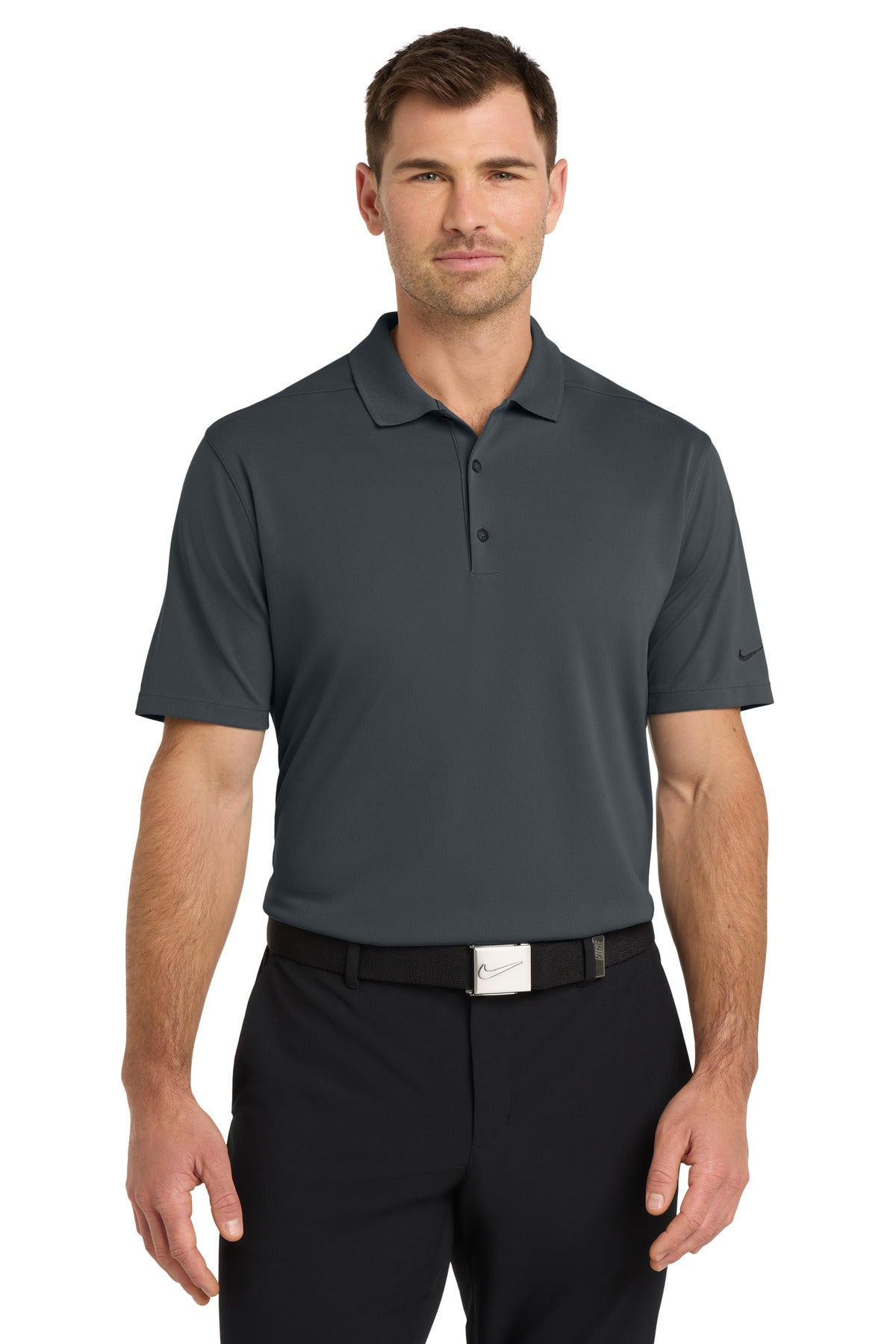Front View of Anthracite Nike Dri-FIT Micro Pique 2.0 Polo NKDC1963