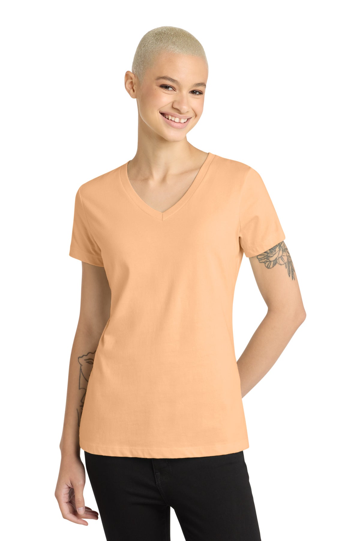 Front View of Apricot District - Women's Perfect Weight V-Neck Tee. DM1170L