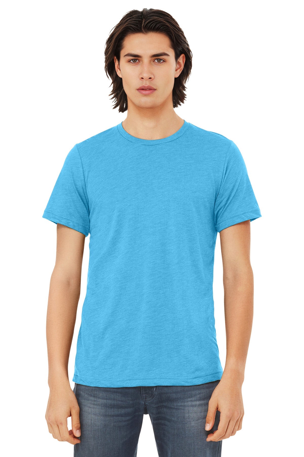 Front View of Aqua TB BELLA+CANVAS Unisex Triblend Short Sleeve Tee. BC3413