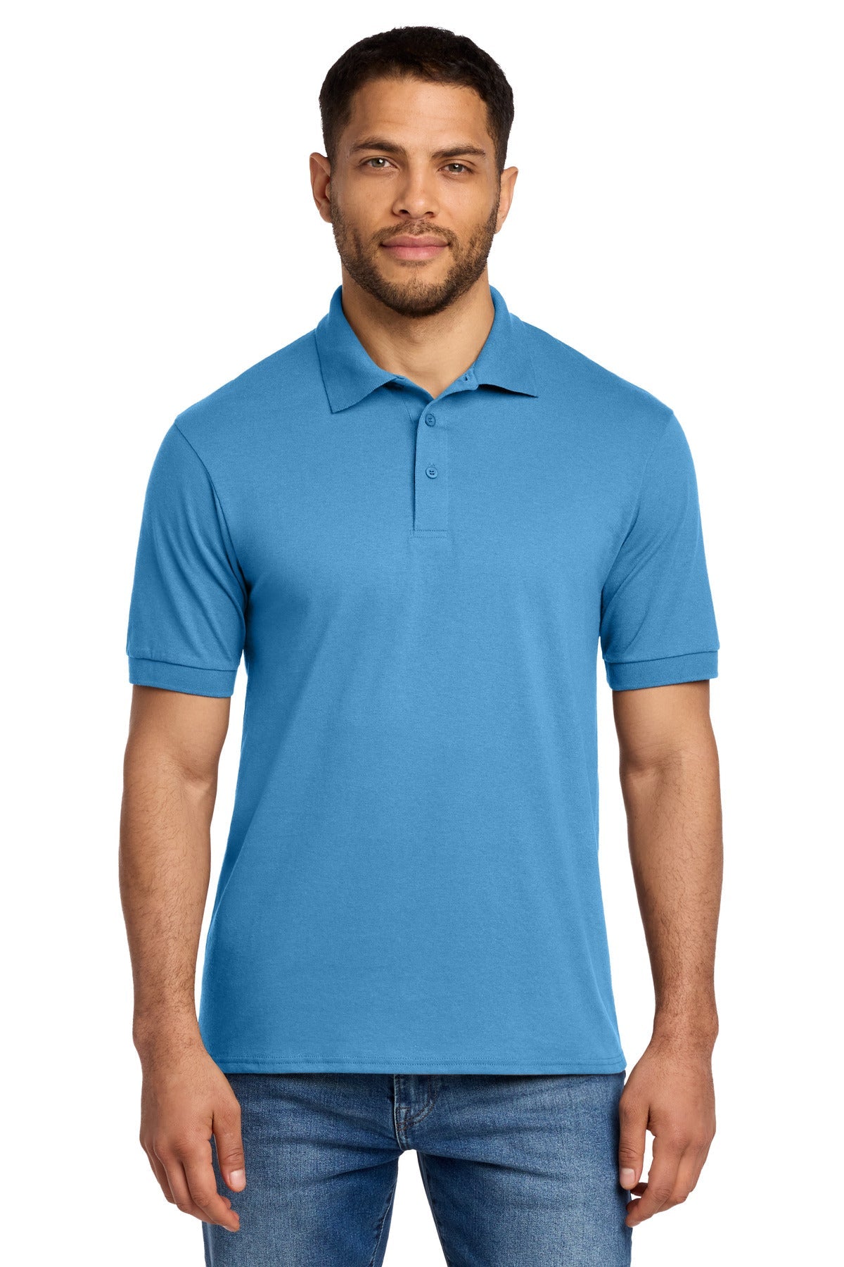 Front View of Aquatic Blue Port & Co Core Blend Jersey Knit Polo. KP55