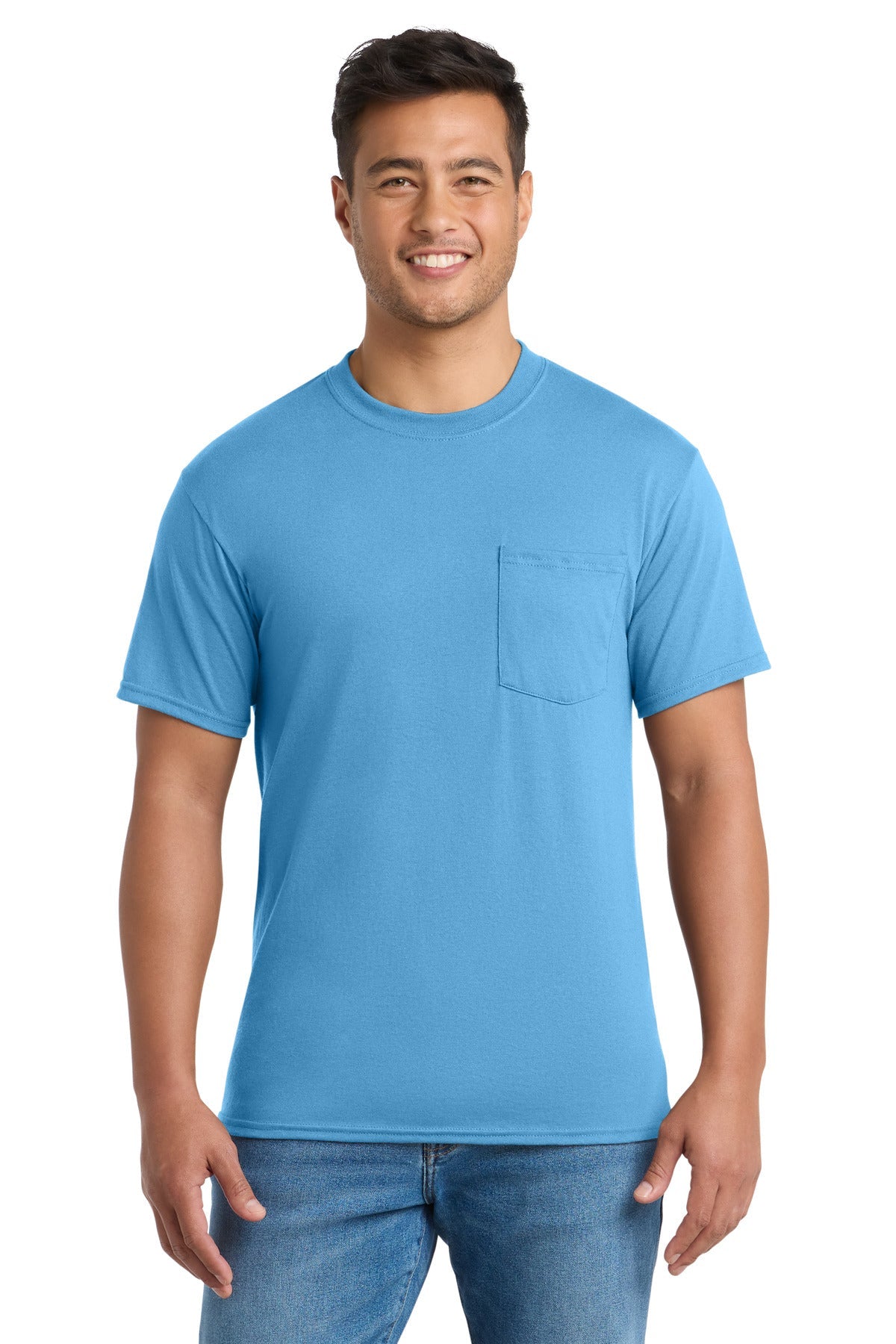 Front View of Aquatic Blue Port & Co Core Blend Pocket Tee. PC55P