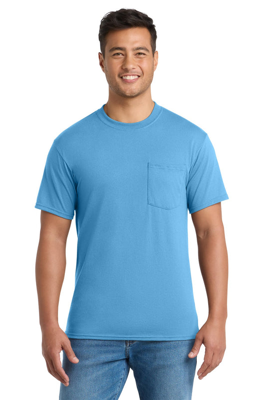 Front View of Aquatic Blue Port & Co Core Blend Pocket Tee. PC55P