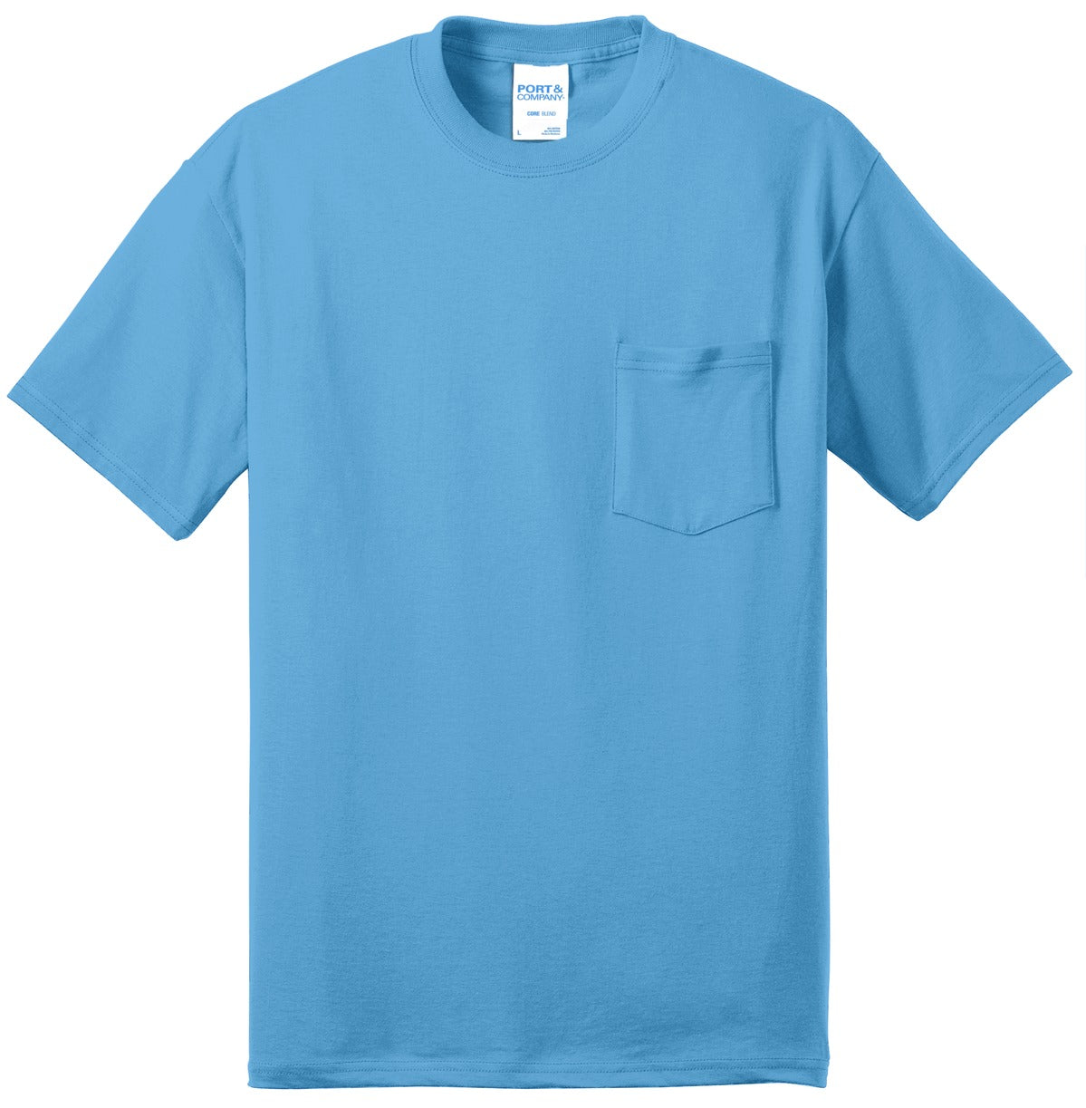 Front View of Aquatic Blue Port & Co Core Blend Pocket Tee. PC55P