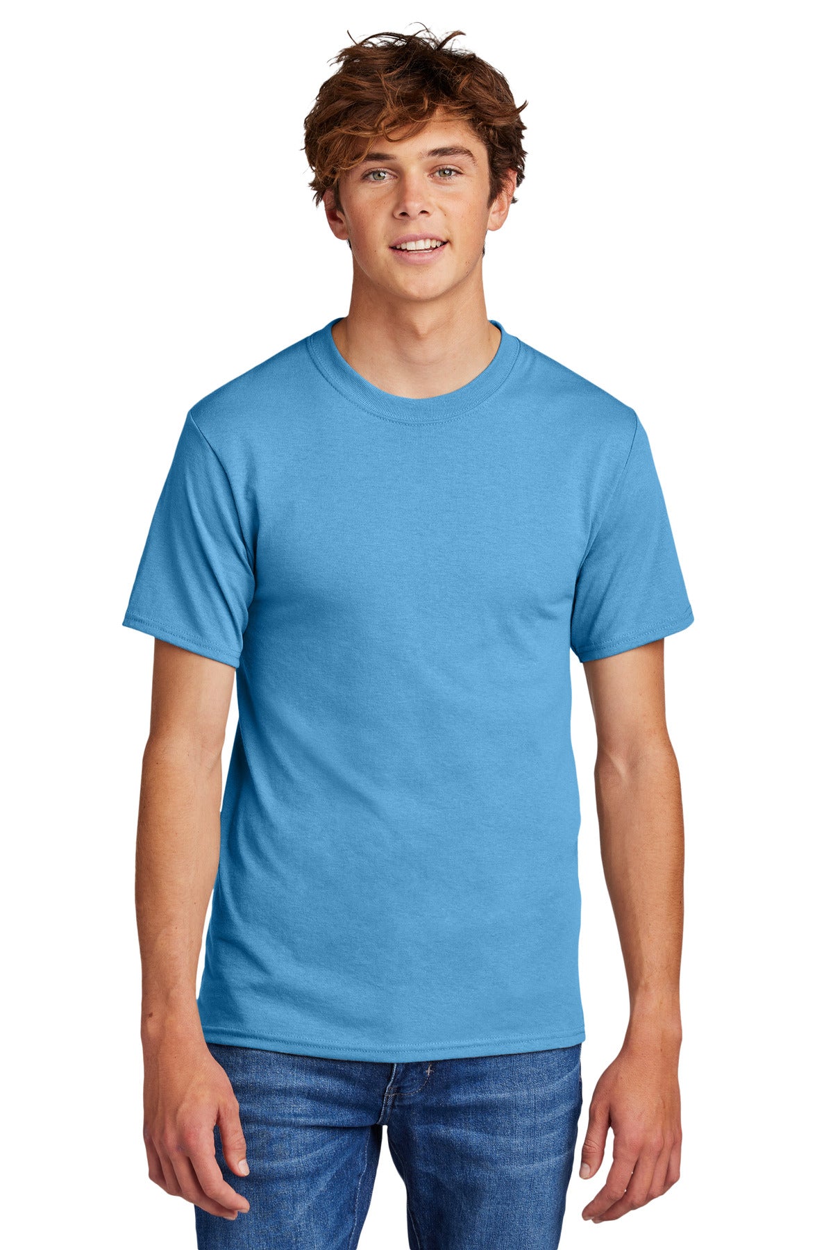 Front View of Aquatic Blue Port & Co Core Blend Tee. PC55