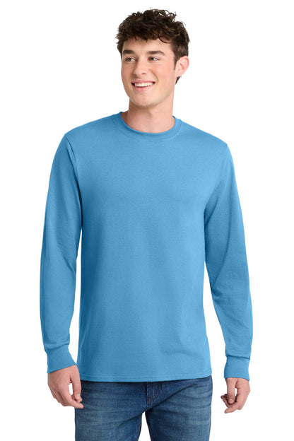 Front View of Aquatic Blue Port & Co Long Sleeve Core Blend Tee. PC55LS