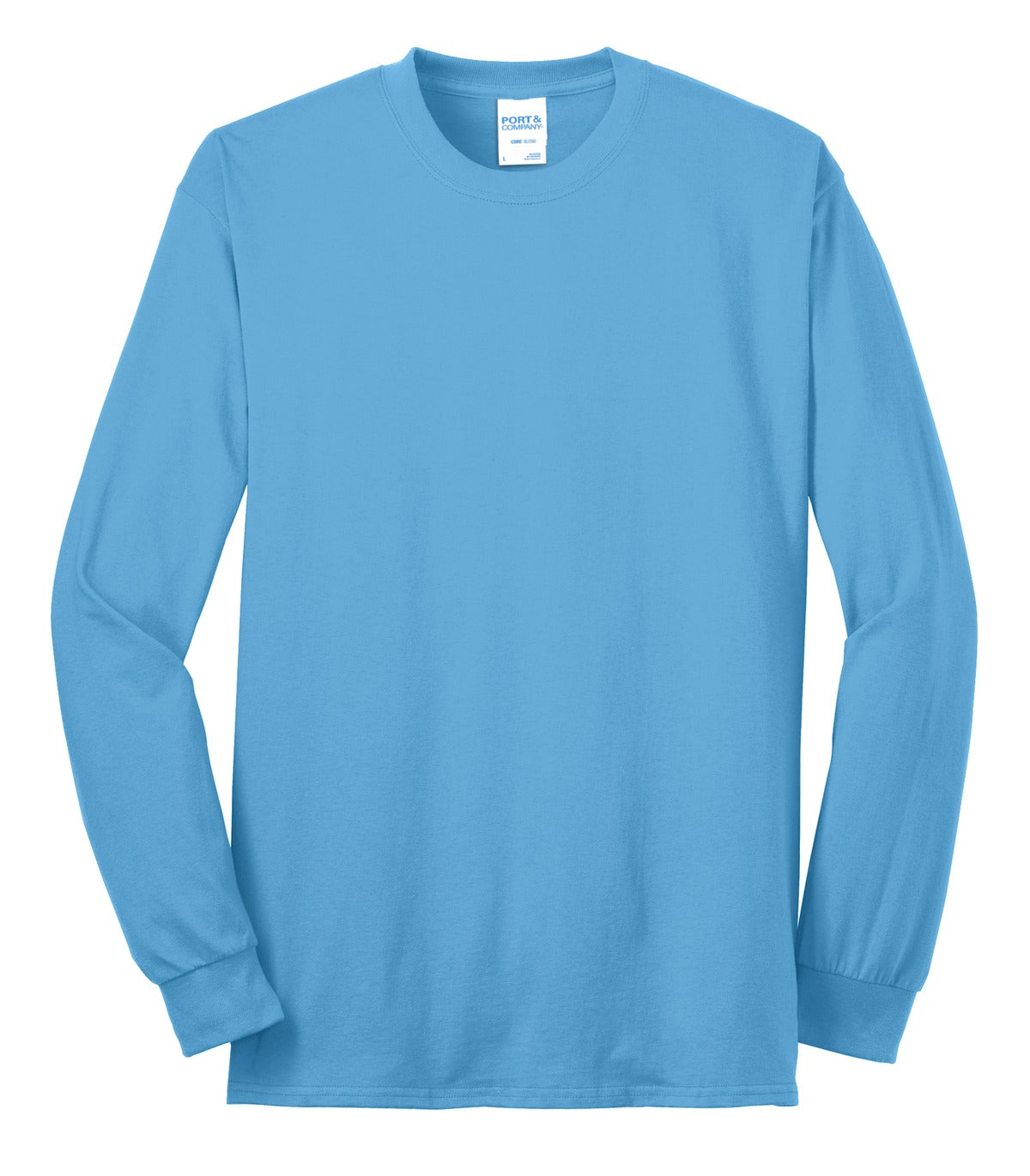 Front View of Aquatic Blue Port & Co Long Sleeve Core Blend Tee. PC55LS