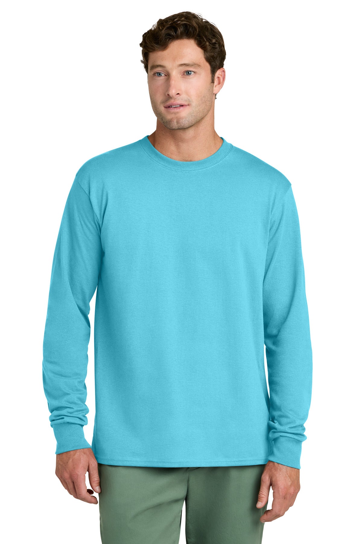 Front View of Aquatic Blue Port & Co Long Sleeve Core Cotton Tee. PC54LS