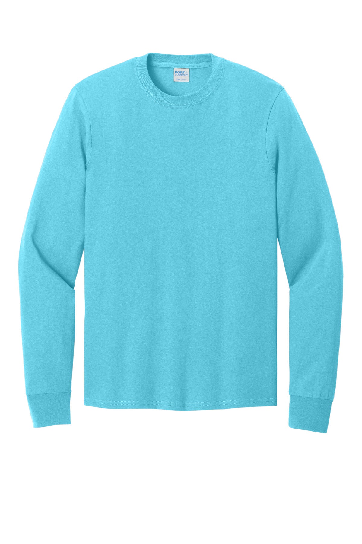 Front View of Aquatic Blue Port & Co Long Sleeve Core Cotton Tee. PC54LS