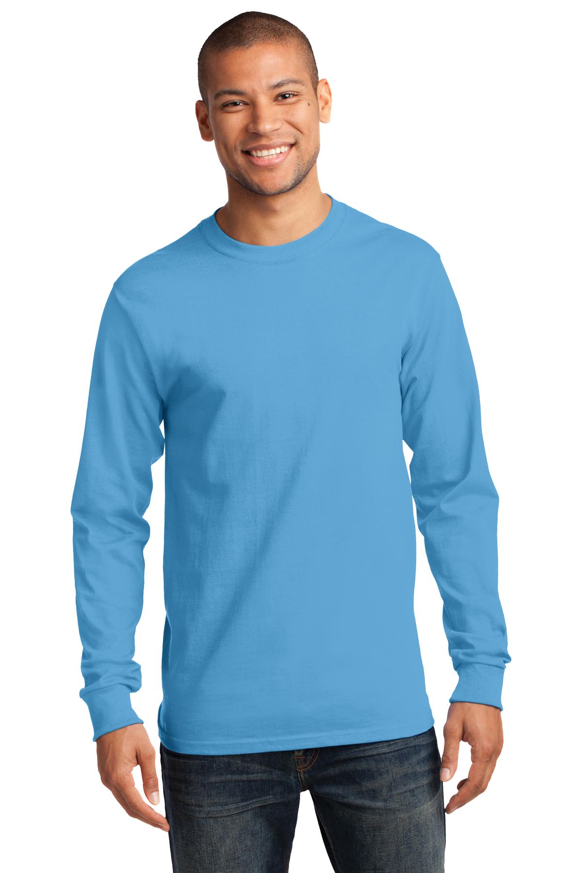 Front View of Aquatic Blue Port & Co Long Sleeve Essential Tee. PC61LS