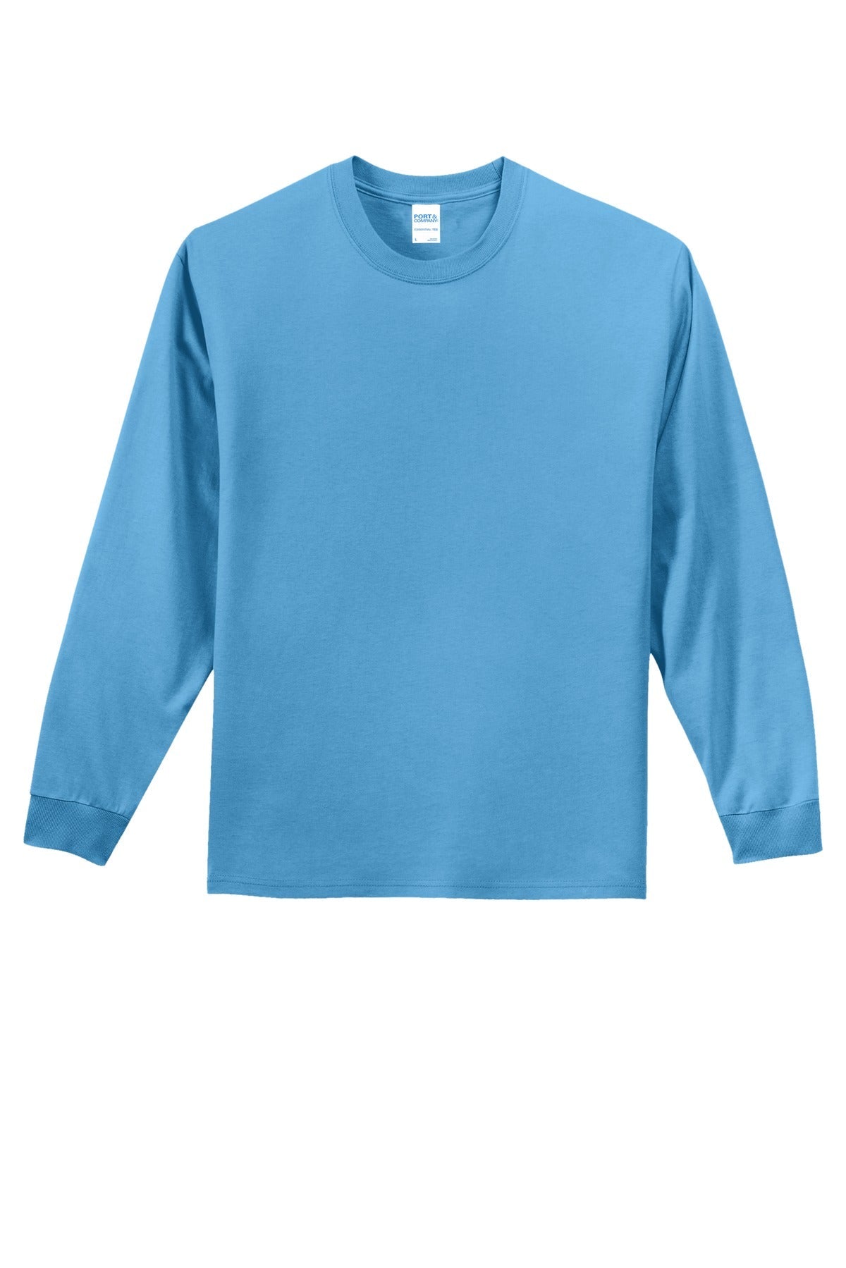 Front View of Aquatic Blue Port & Co Long Sleeve Essential Tee. PC61LS
