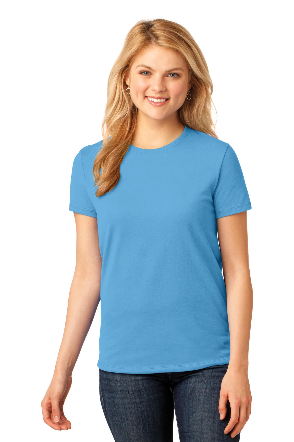 Front View of Aquatic Blue Port & Co Women's Core Cotton Tee. LPC54