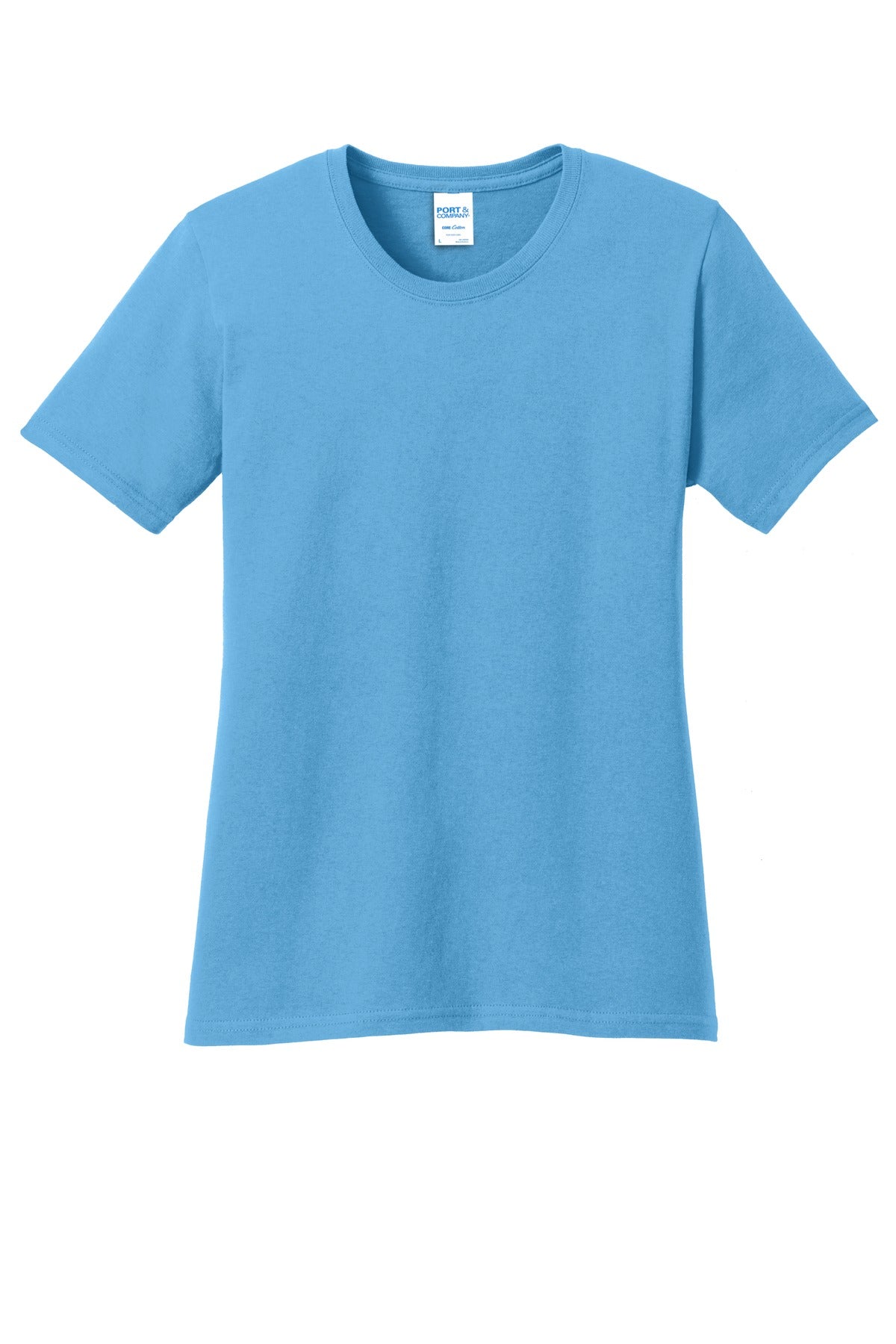 Front View of Aquatic Blue Port & Co Women's Core Cotton Tee. LPC54