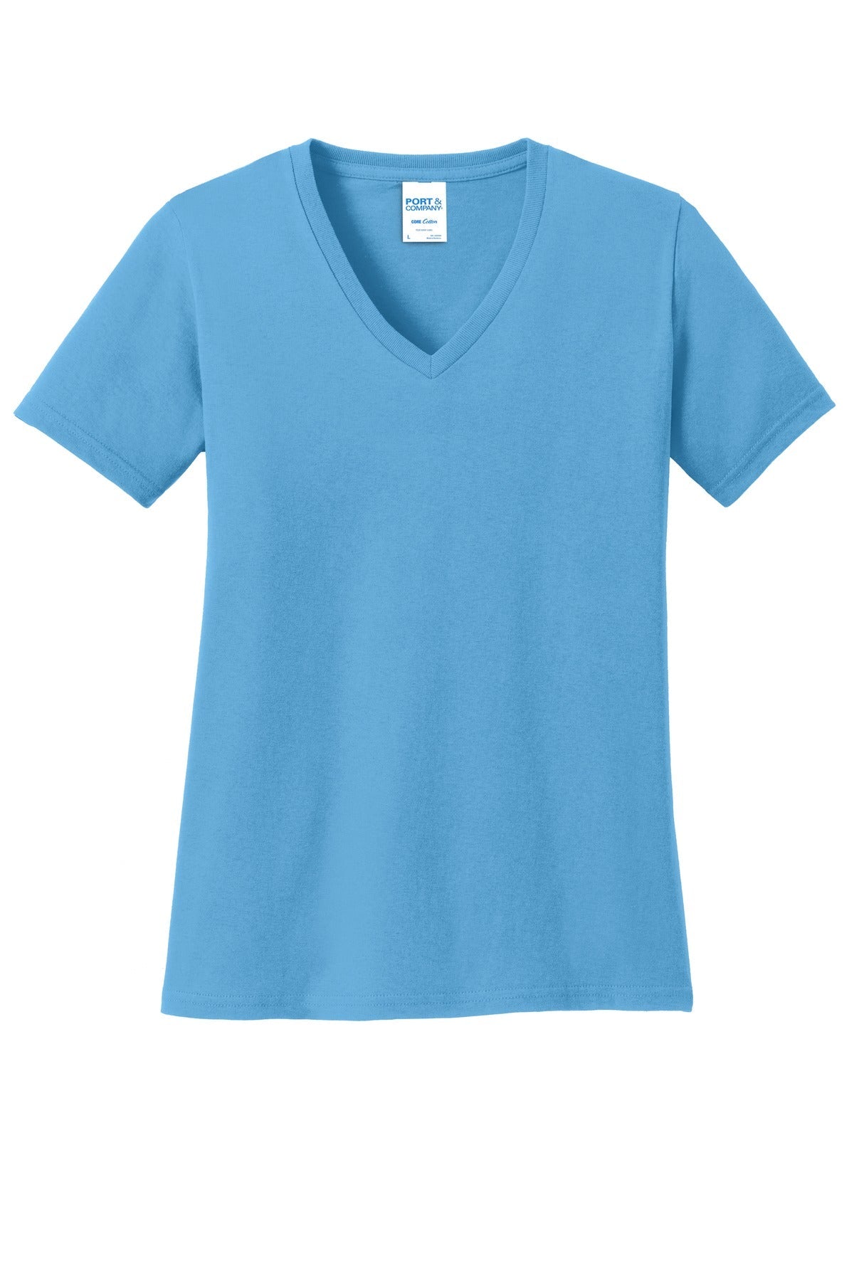 Front View of Aquatic Blue Port & Co Women's Core Cotton V-Neck Tee. LPC54V