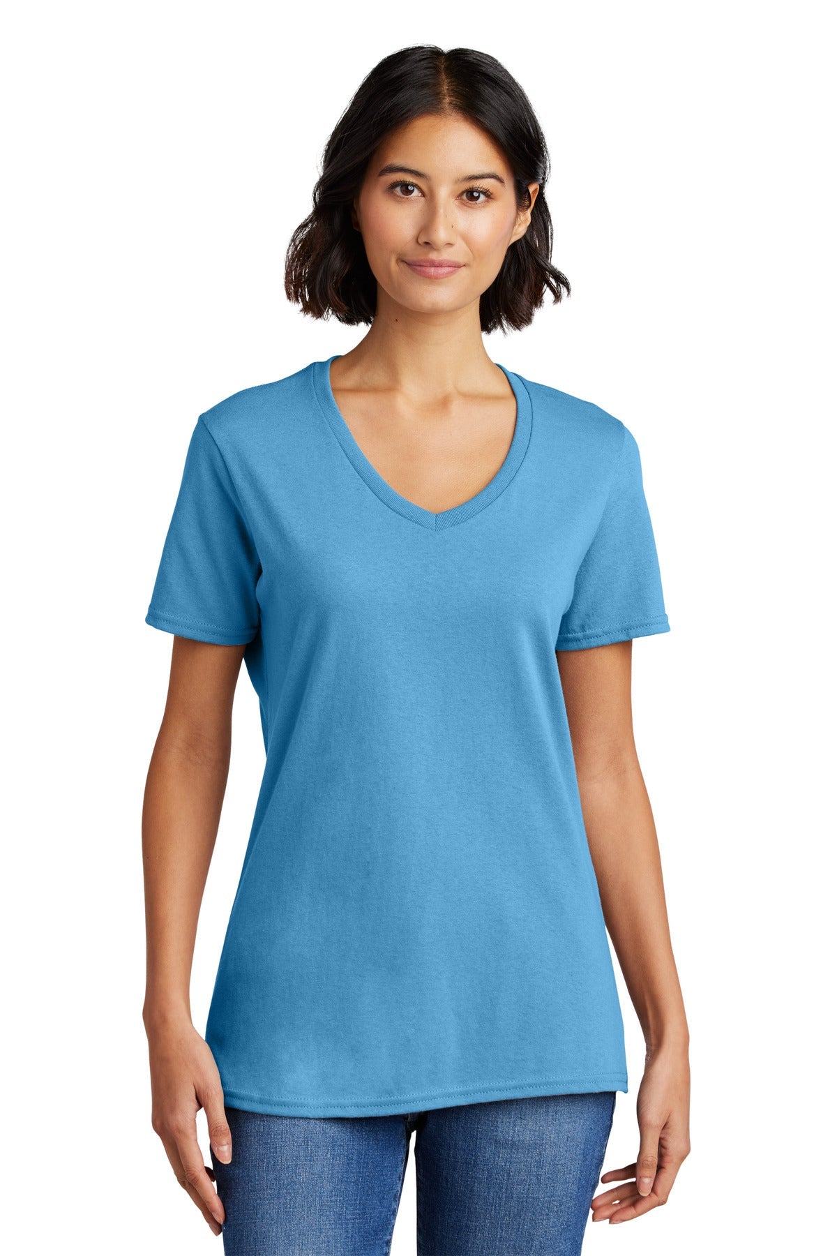 Front View of Aquatic Blue Port & Co Women's Core Cotton V-Neck Tee. LPC54V