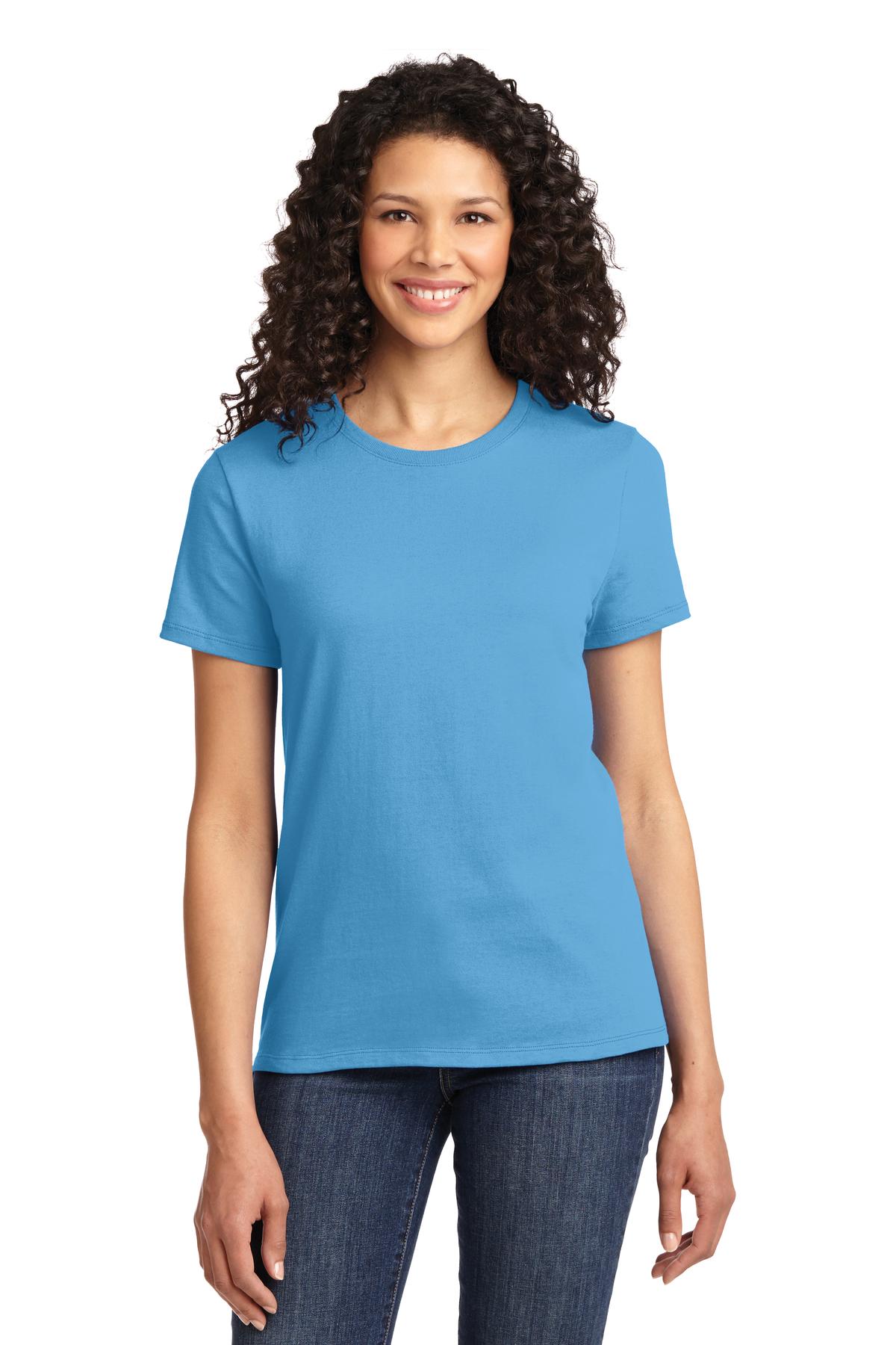 Front View of Aquatic Blue Port & Co Women's Essential Tee. LPC61