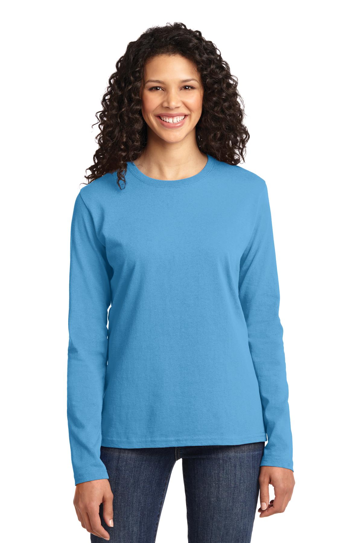 Front View of Aquatic Blue Port & Co Women's Long Sleeve Core Cotton Tee. LPC54LS
