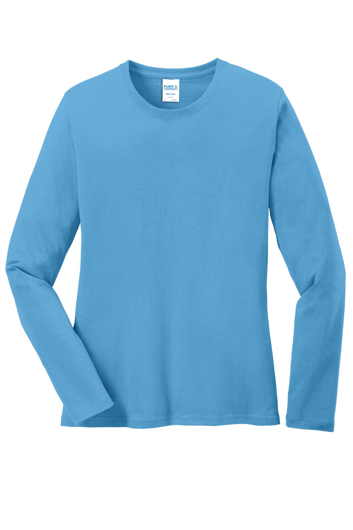 Front View of Aquatic Blue Port & Co Women's Long Sleeve Core Cotton Tee. LPC54LS
