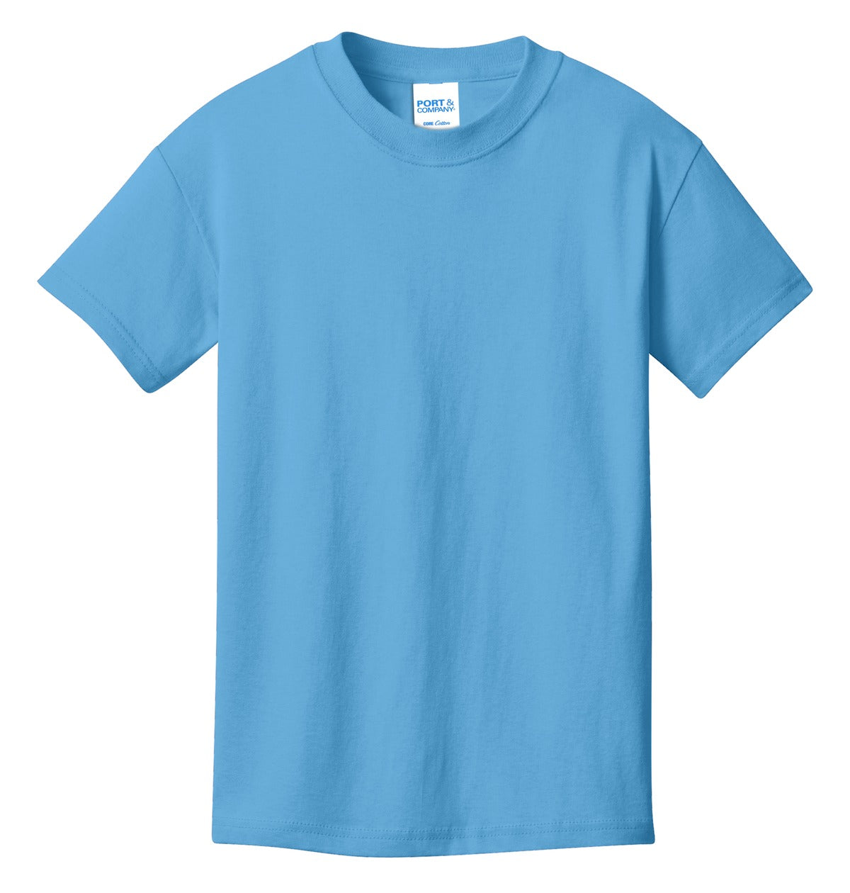 Front View of Aquatic Blue Port & Co Youth Core Cotton Tee. PC54Y