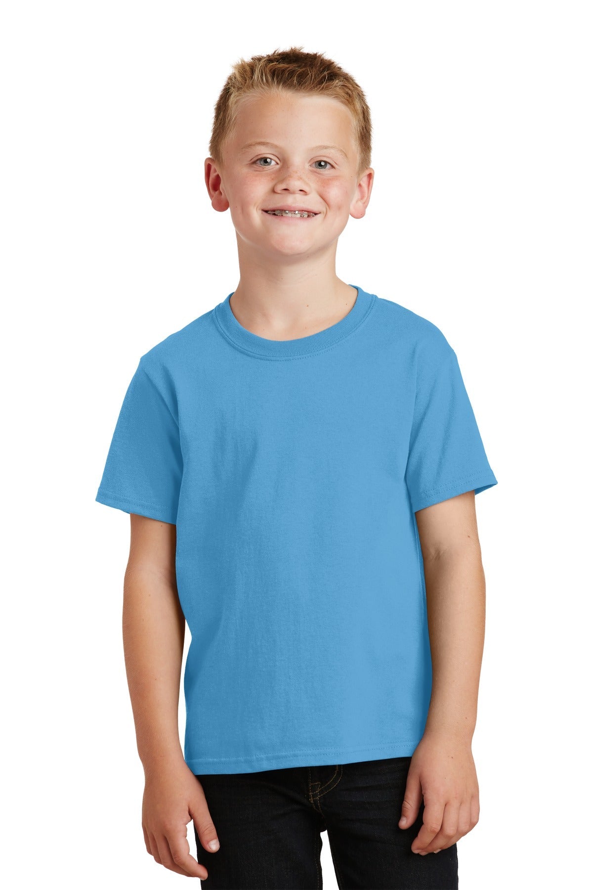 Front View of Aquatic Blue Port & Co Youth Core Cotton Tee. PC54Y