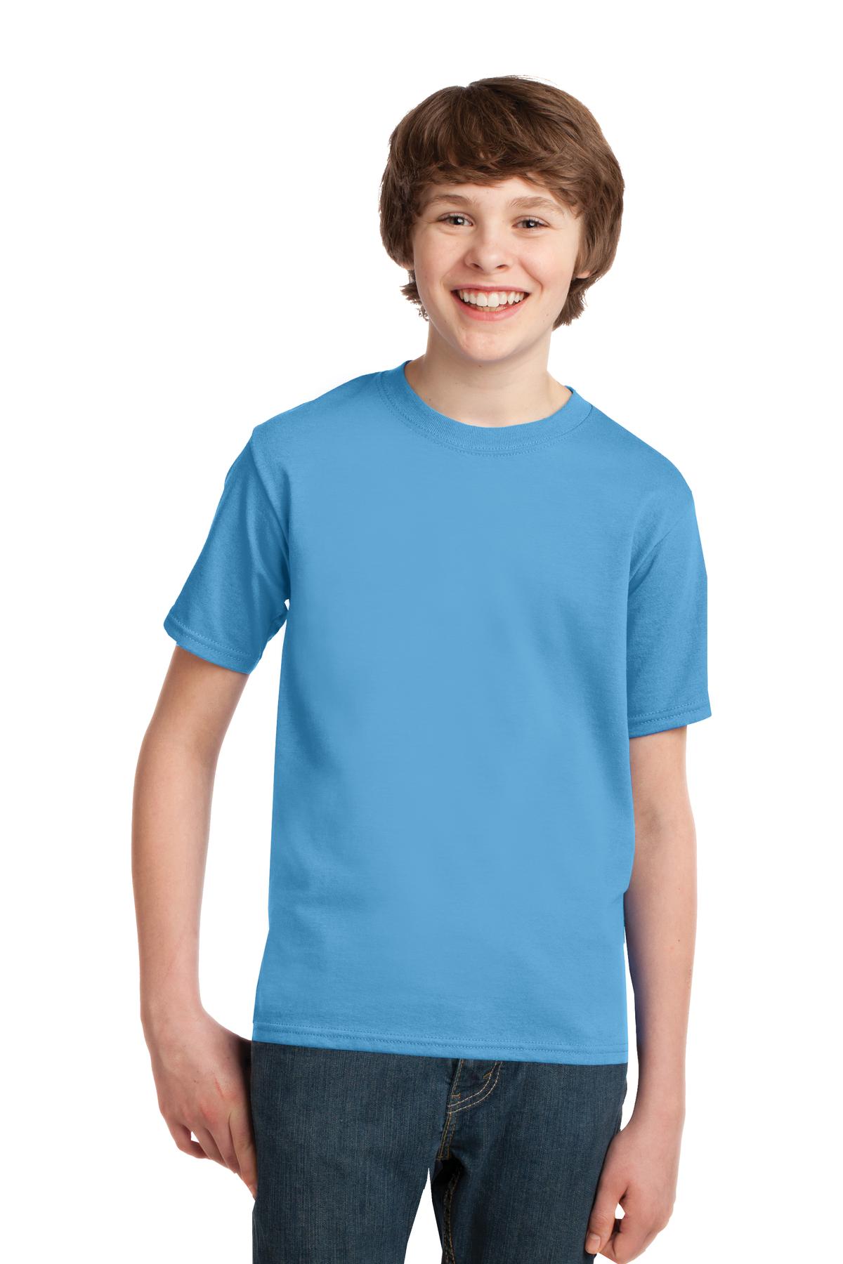 Front View of Aquatic Blue Port & Co Youth Essential Tee. PC61Y