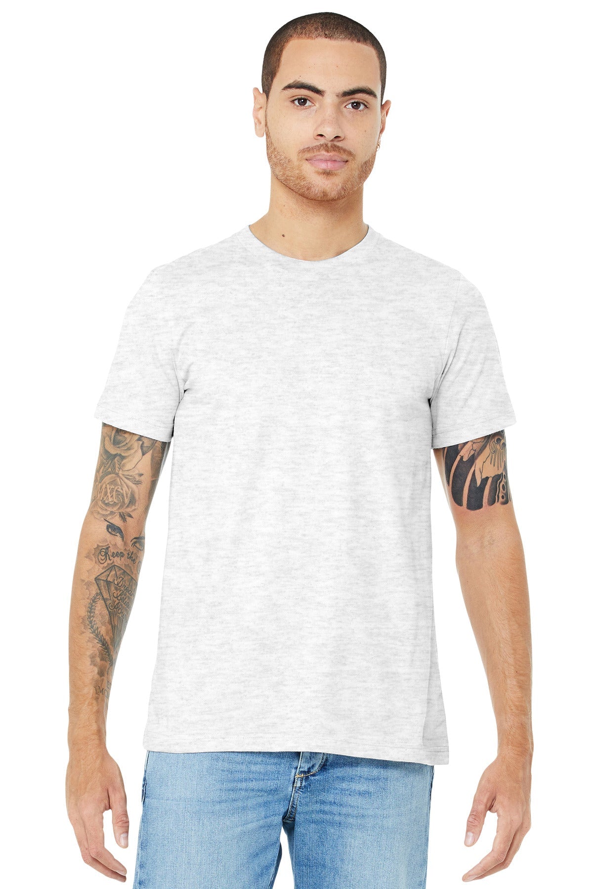 Front View of Ash BELLA+CANVAS Unisex Jersey Short Sleeve Tee. BC3001