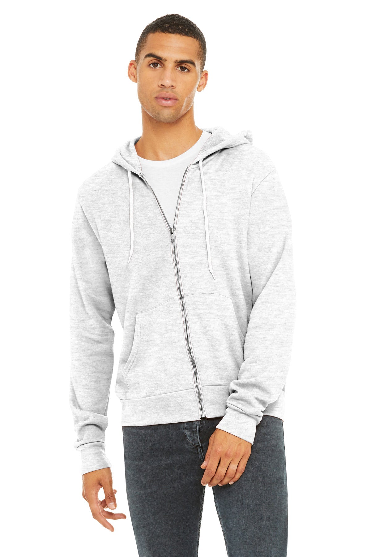 Front View of Ash BELLA+CANVAS Unisex Sponge Fleece Full-Zip Hoodie. BC3739