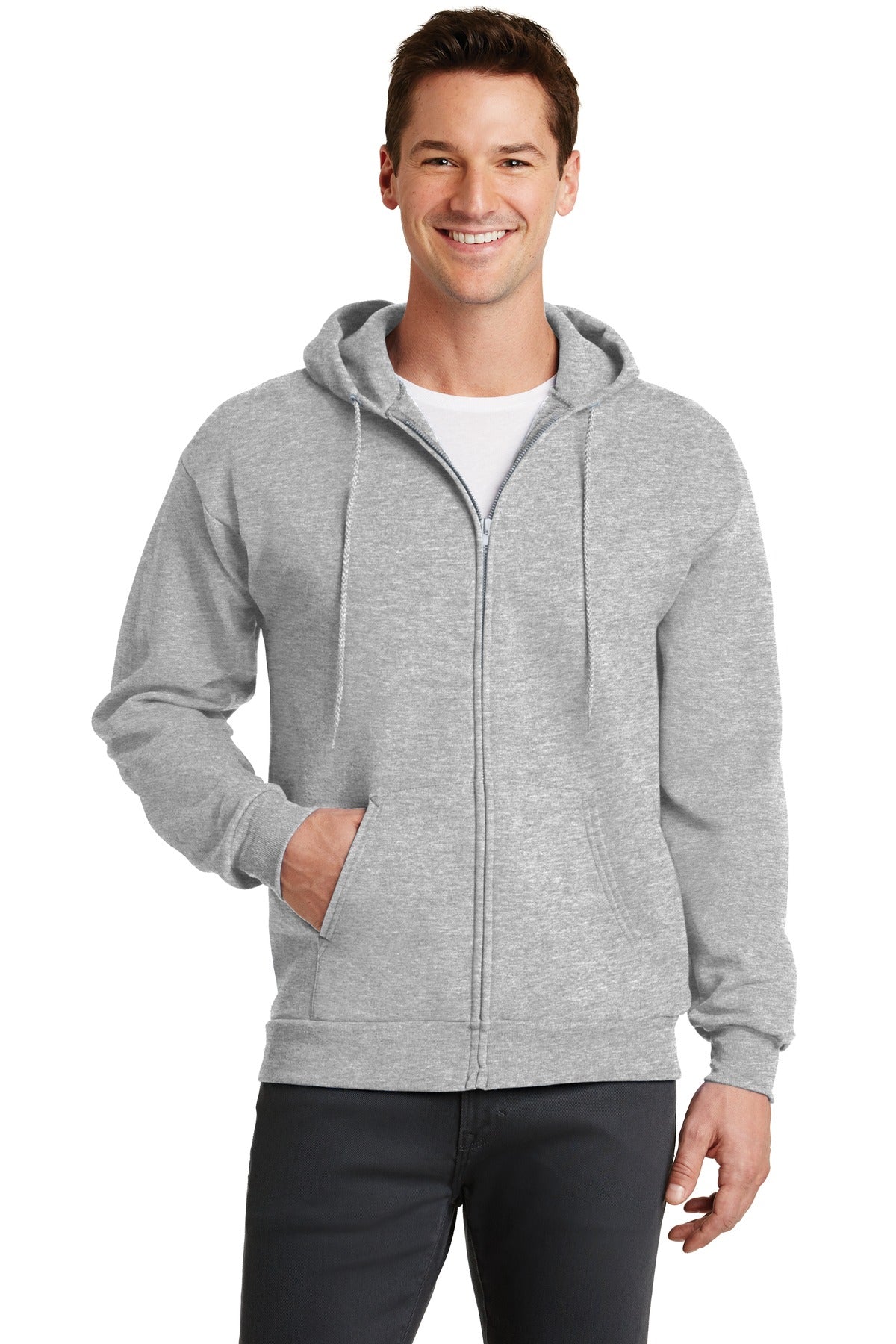 Front View of Ash Port & Co Core Fleece Full-Zip Hooded Sweatshirt. PC78ZH