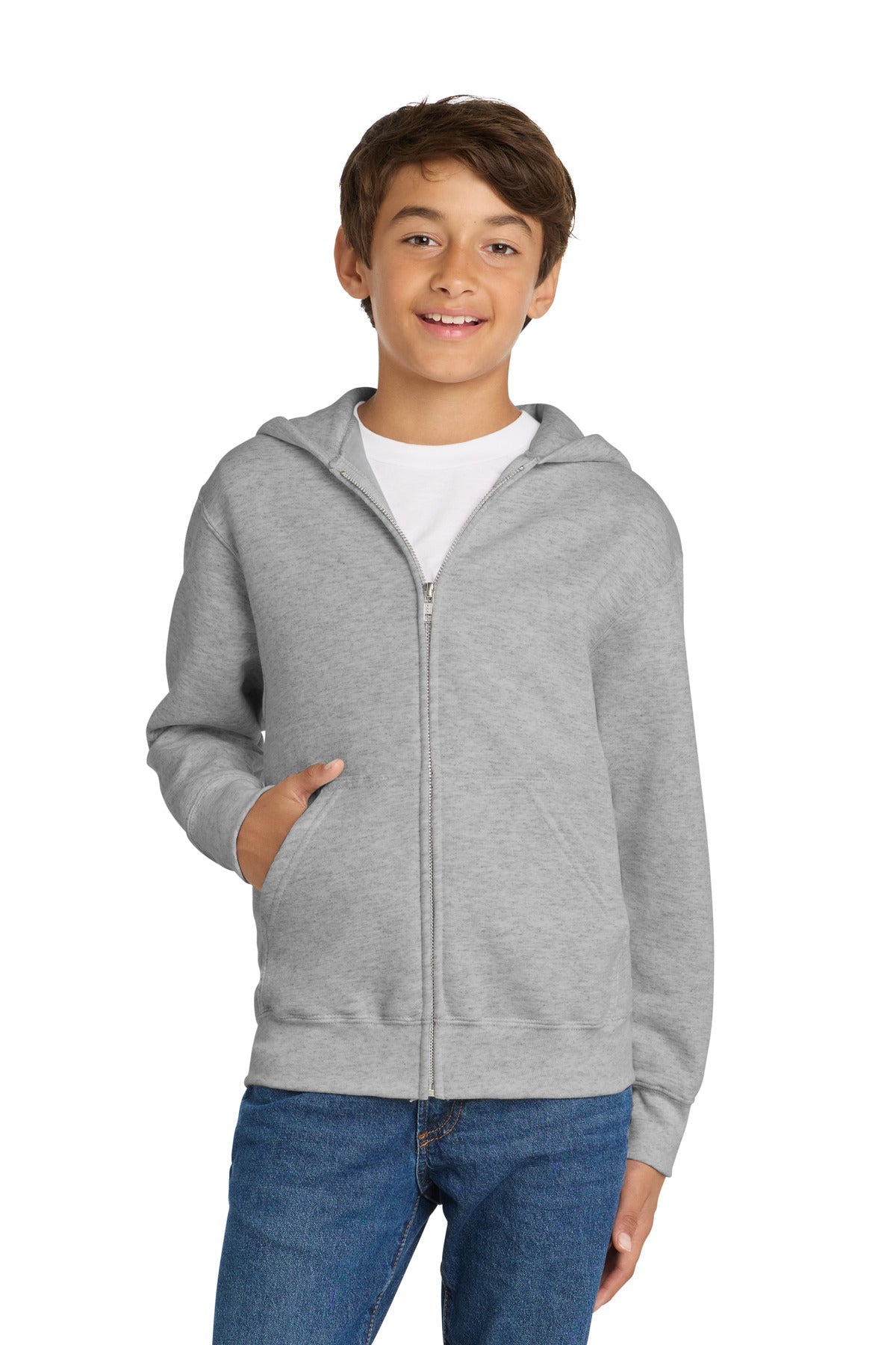 Front View of Ash Port & Co Youth Core Fleece Full-Zip Hooded Sweatshirt. PC90YZH