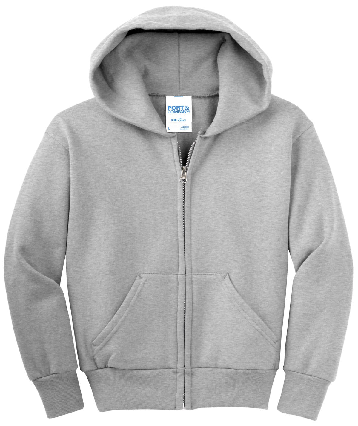 Front View of Ash Port & Co Youth Core Fleece Full-Zip Hooded Sweatshirt. PC90YZH