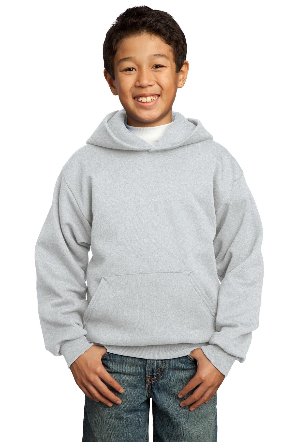 Front View of Ash Port & Co Youth Core Fleece Pullover Hooded Sweatshirt. PC90YH