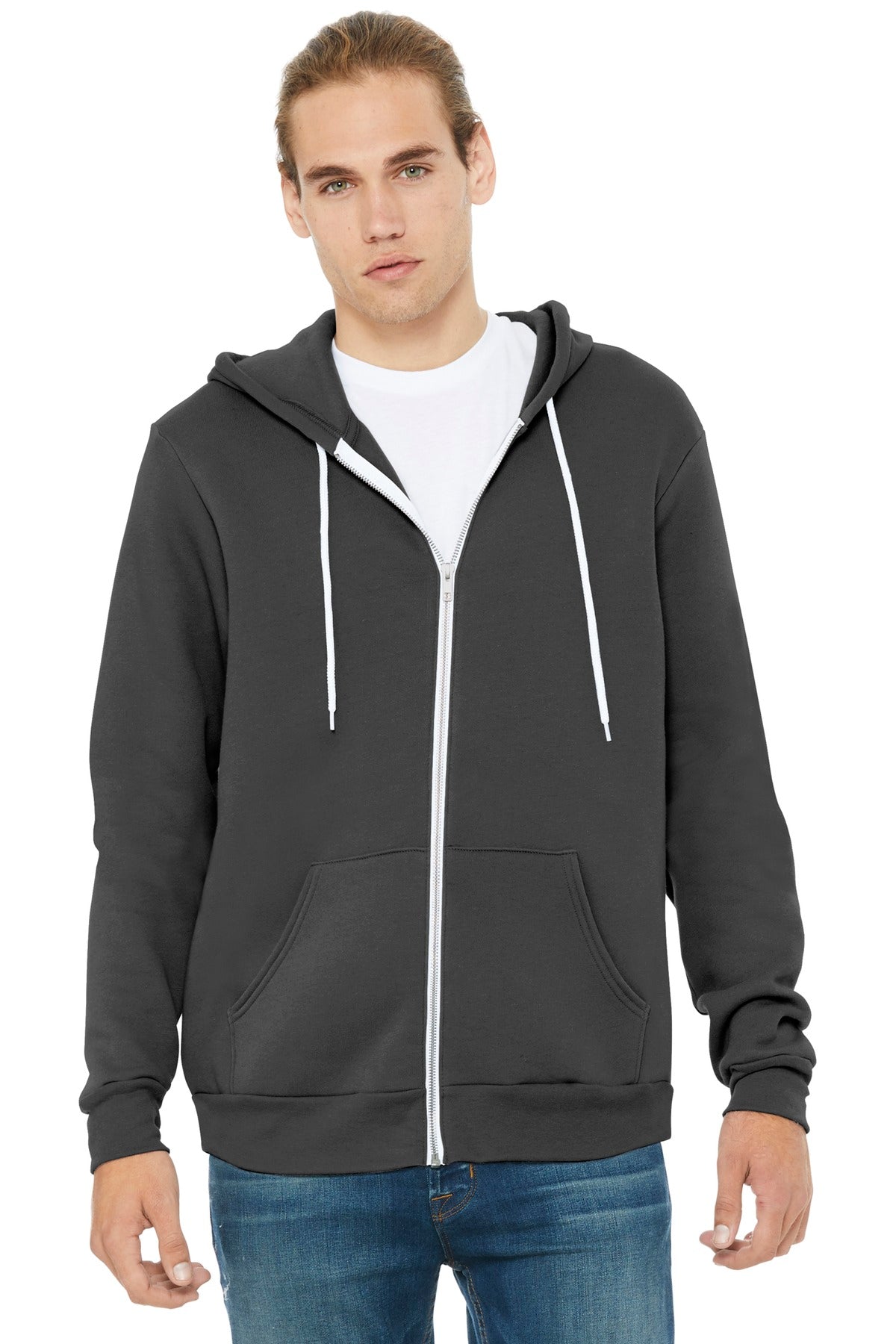 Front View of Asphalt BELLA+CANVAS Unisex Sponge Fleece Full-Zip Hoodie. BC3739