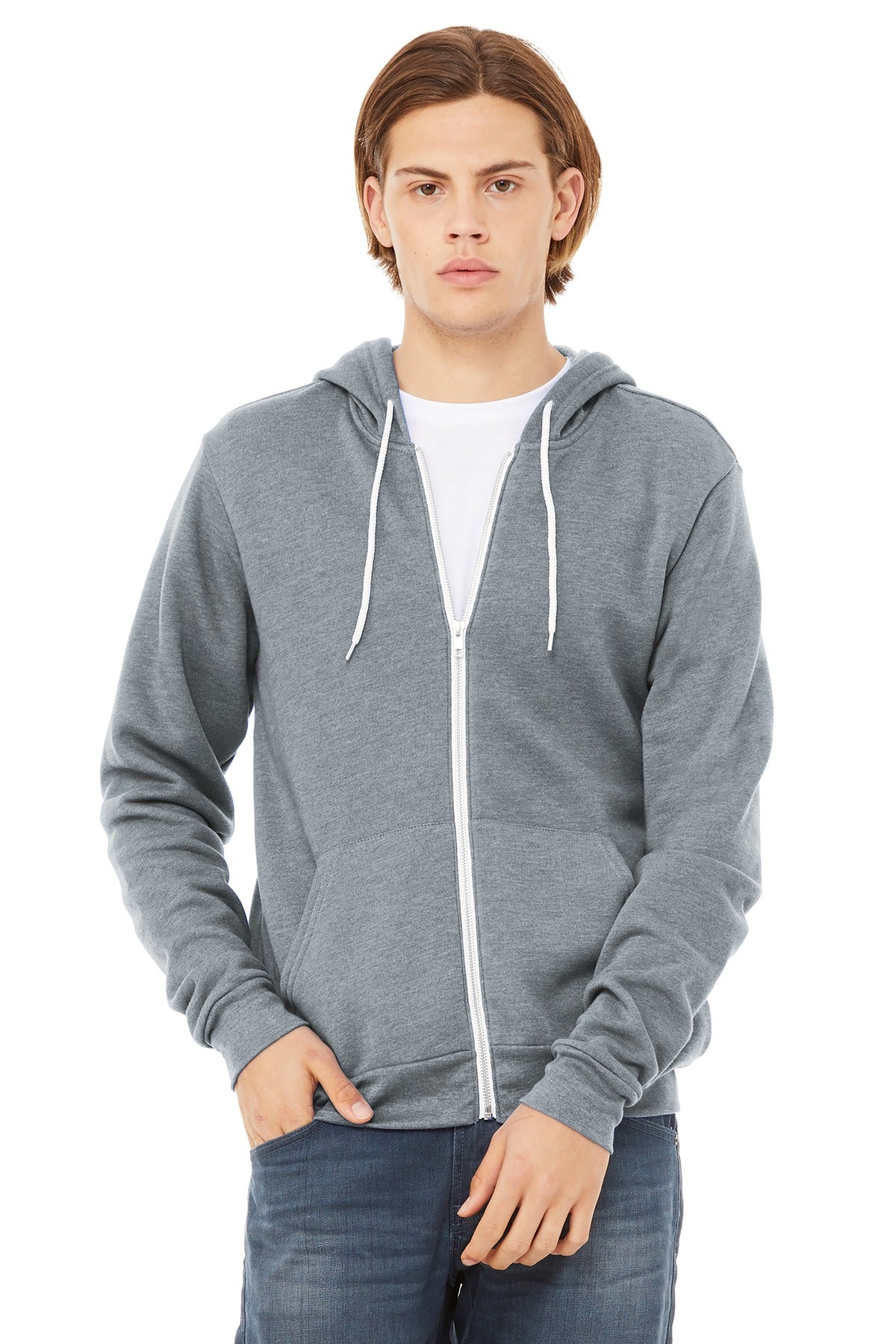 Front View of Asphalt BELLA+CANVAS Unisex Sponge Fleece Full-Zip Hoodie. BC3739
