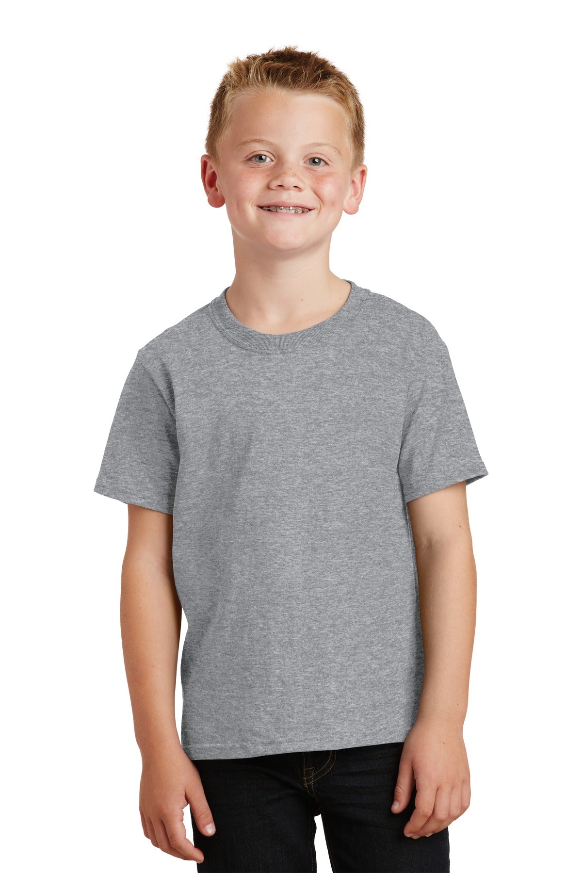 Front View of Ath Heather Port & Co Youth Core Cotton Tee. PC54Y