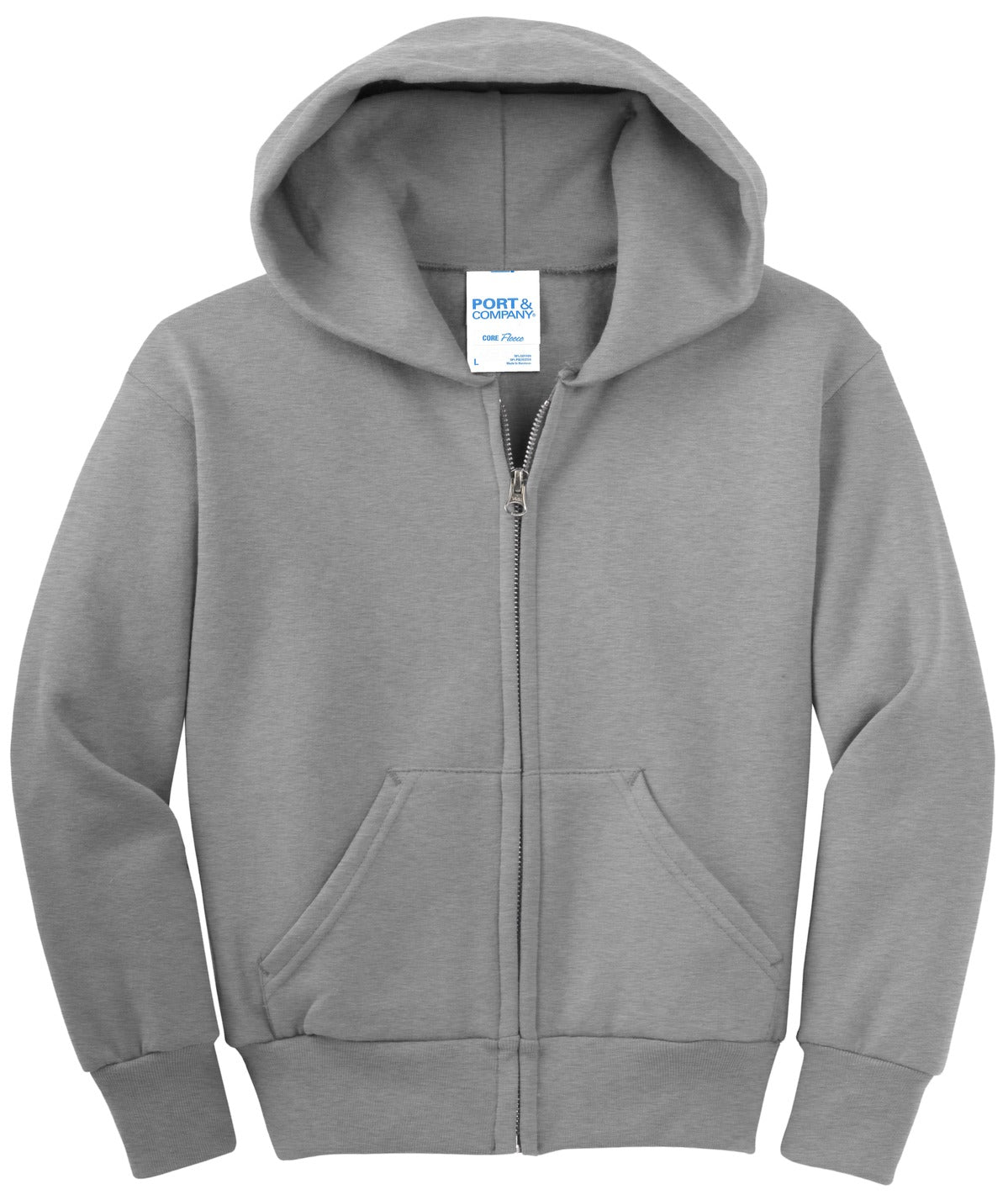 Front View of Ath Heather Port & Co Youth Core Fleece Full-Zip Hooded Sweatshirt. PC90YZH
