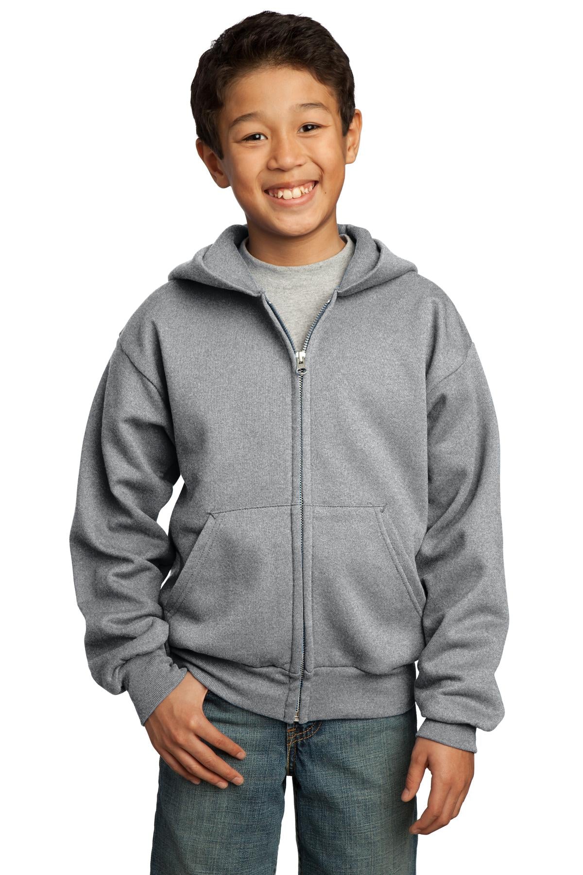 Front View of Ath Heather Port & Co Youth Core Fleece Full-Zip Hooded Sweatshirt. PC90YZH