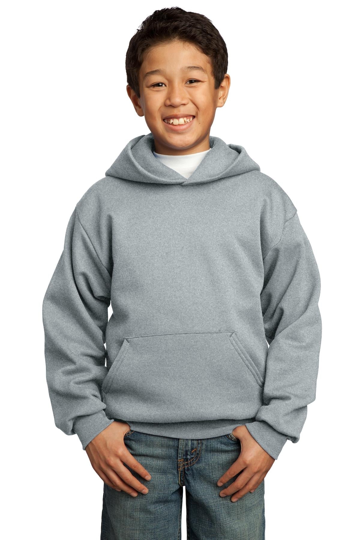 Front View of Ath. Heather Port & Co Youth Core Fleece Pullover Hooded Sweatshirt. PC90YH